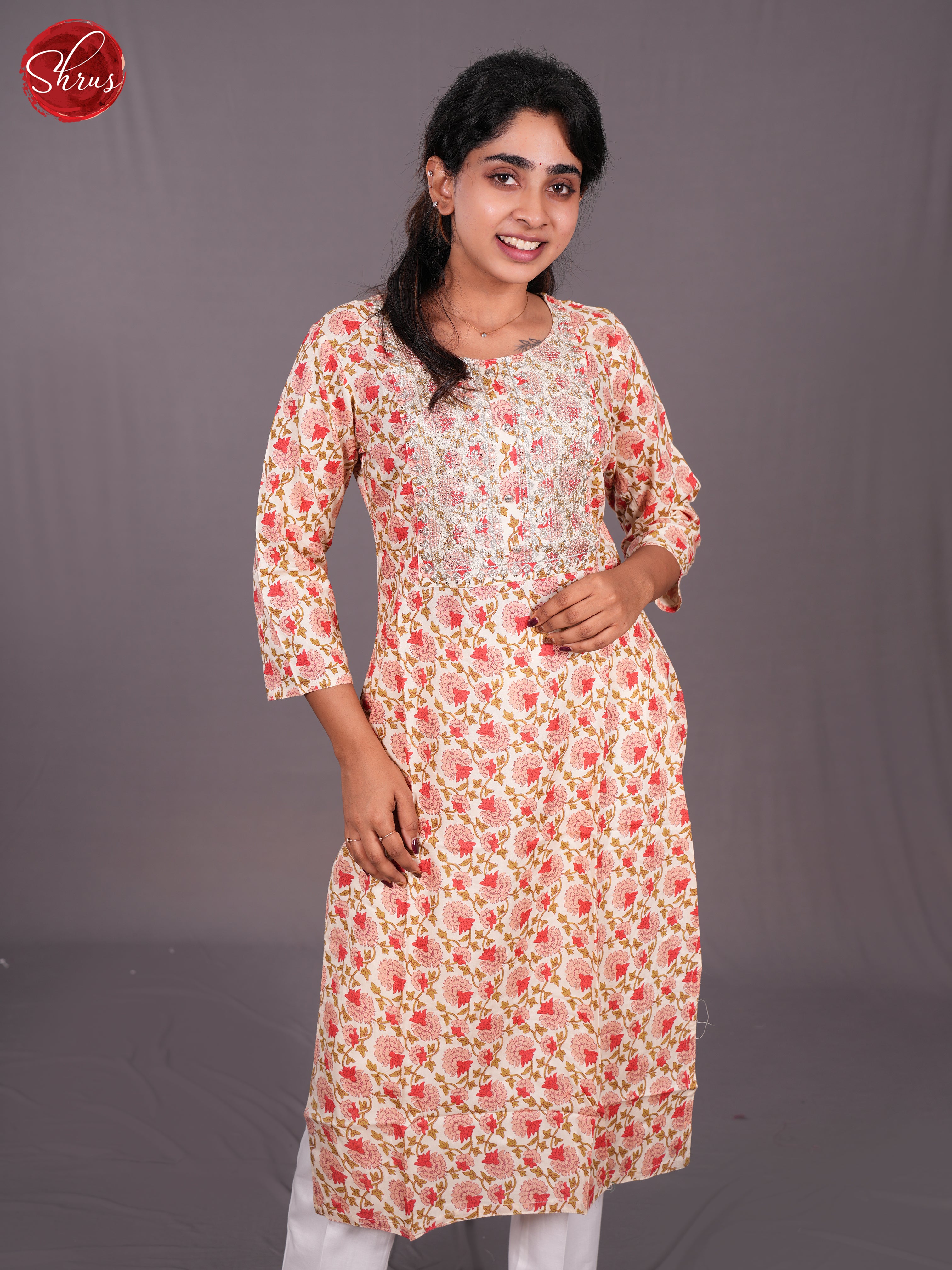 Cream & Pink  -Floral printed Readymade Kurti with neck yoke thread work - Shop on ShrusEternity.com