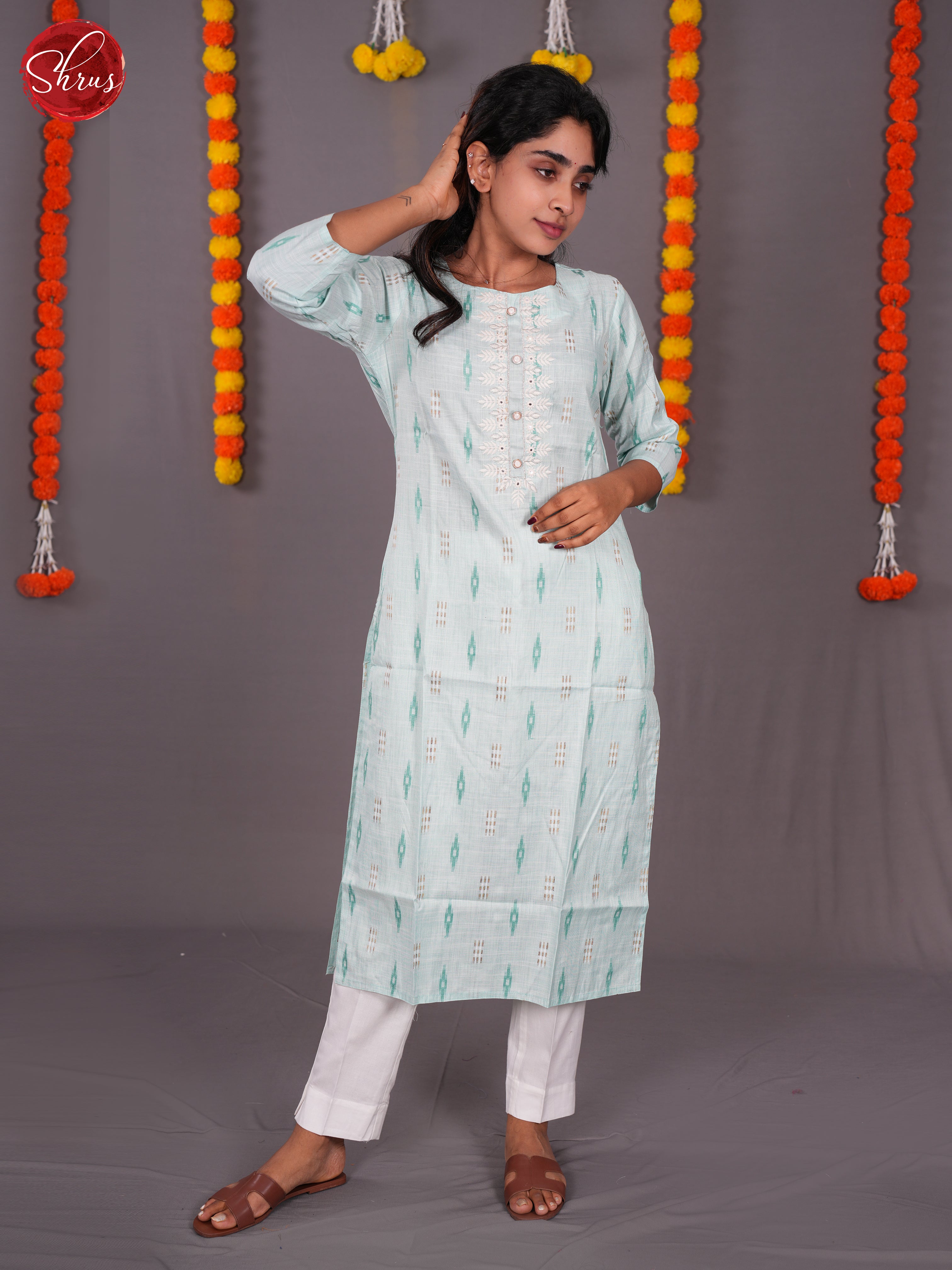 Blue -Ikkat printed Readymade Kurti with neck yoke embroidery - Shop on ShrusEternity.com