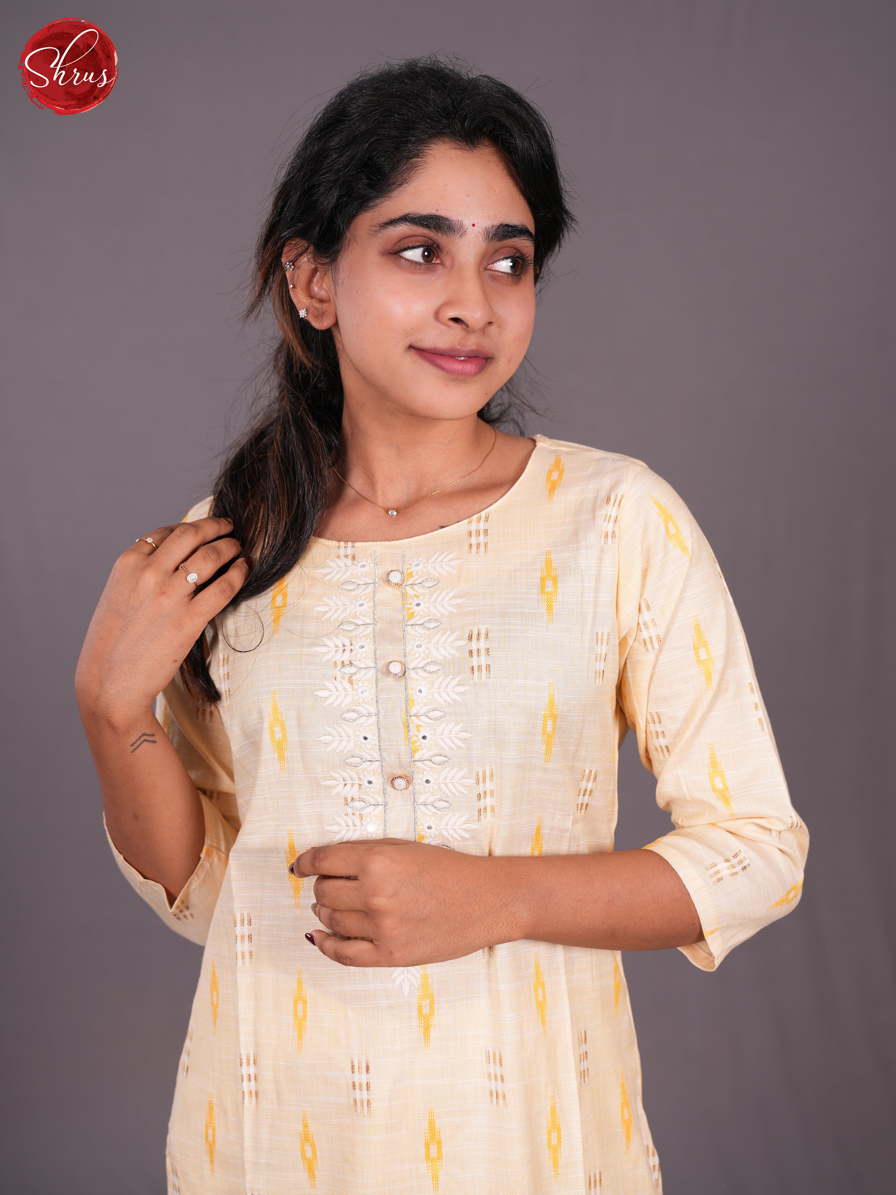 Cream -Ikkat Printed  Readymade Kurti with neck embroidery - Shop on ShrusEternity.com