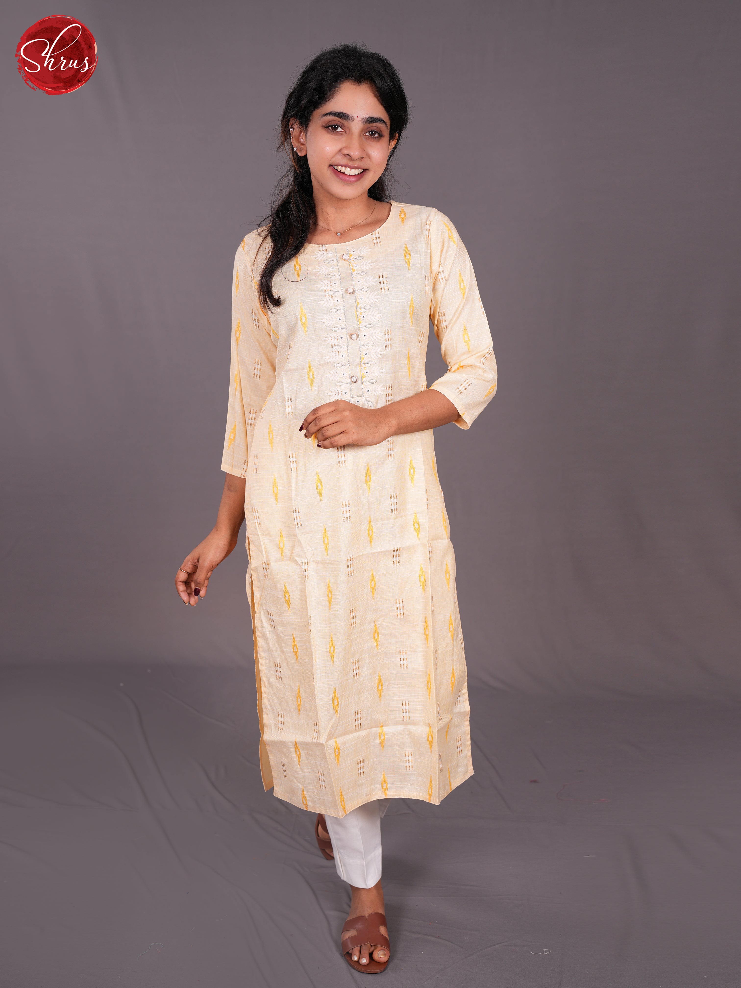 Cream -Ikkat Printed  Readymade Kurti with neck embroidery - Shop on ShrusEternity.com