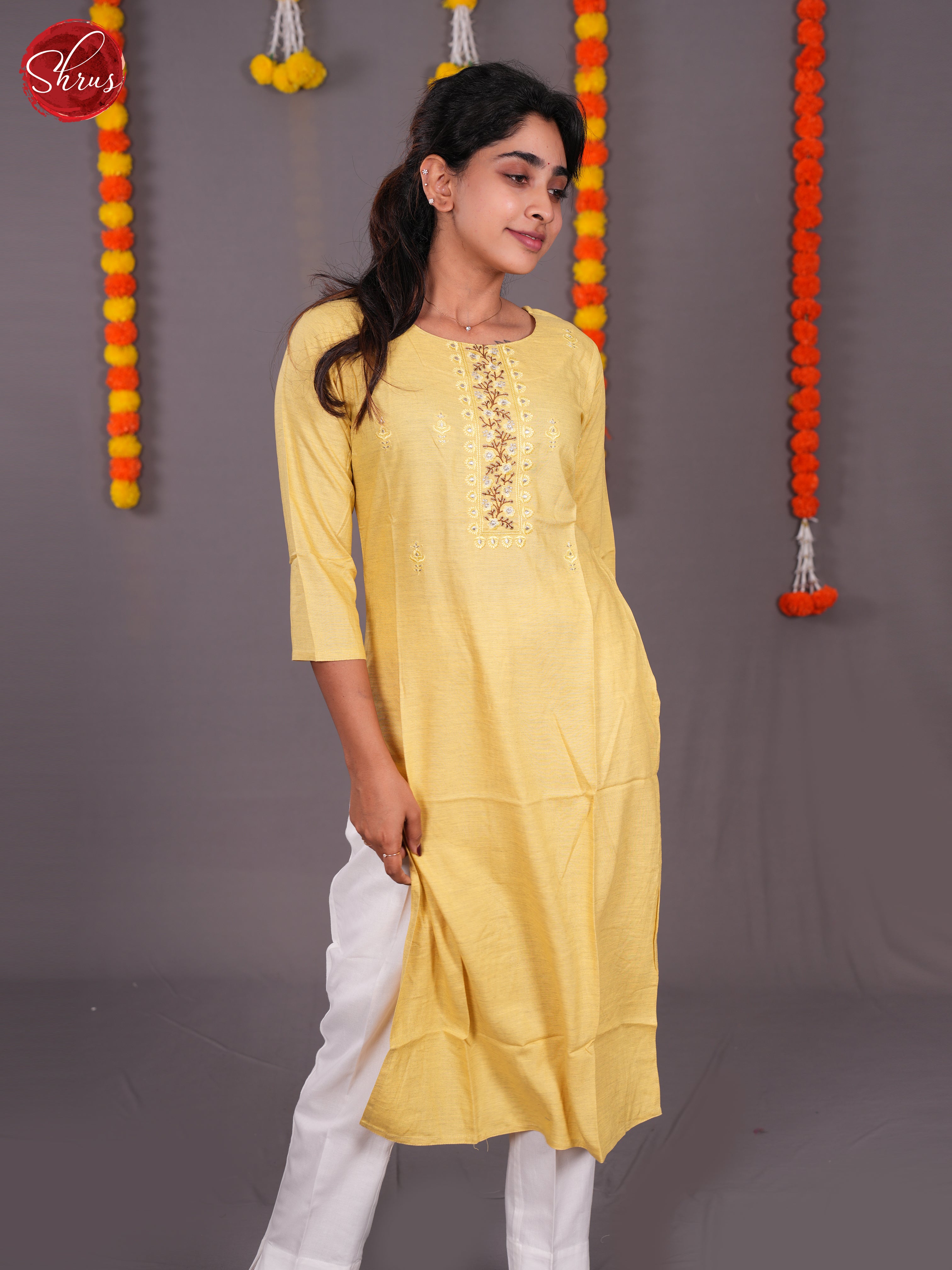 Yellow -Embroidered Readymade cotton stright  Kurti - Shop on ShrusEternity.com