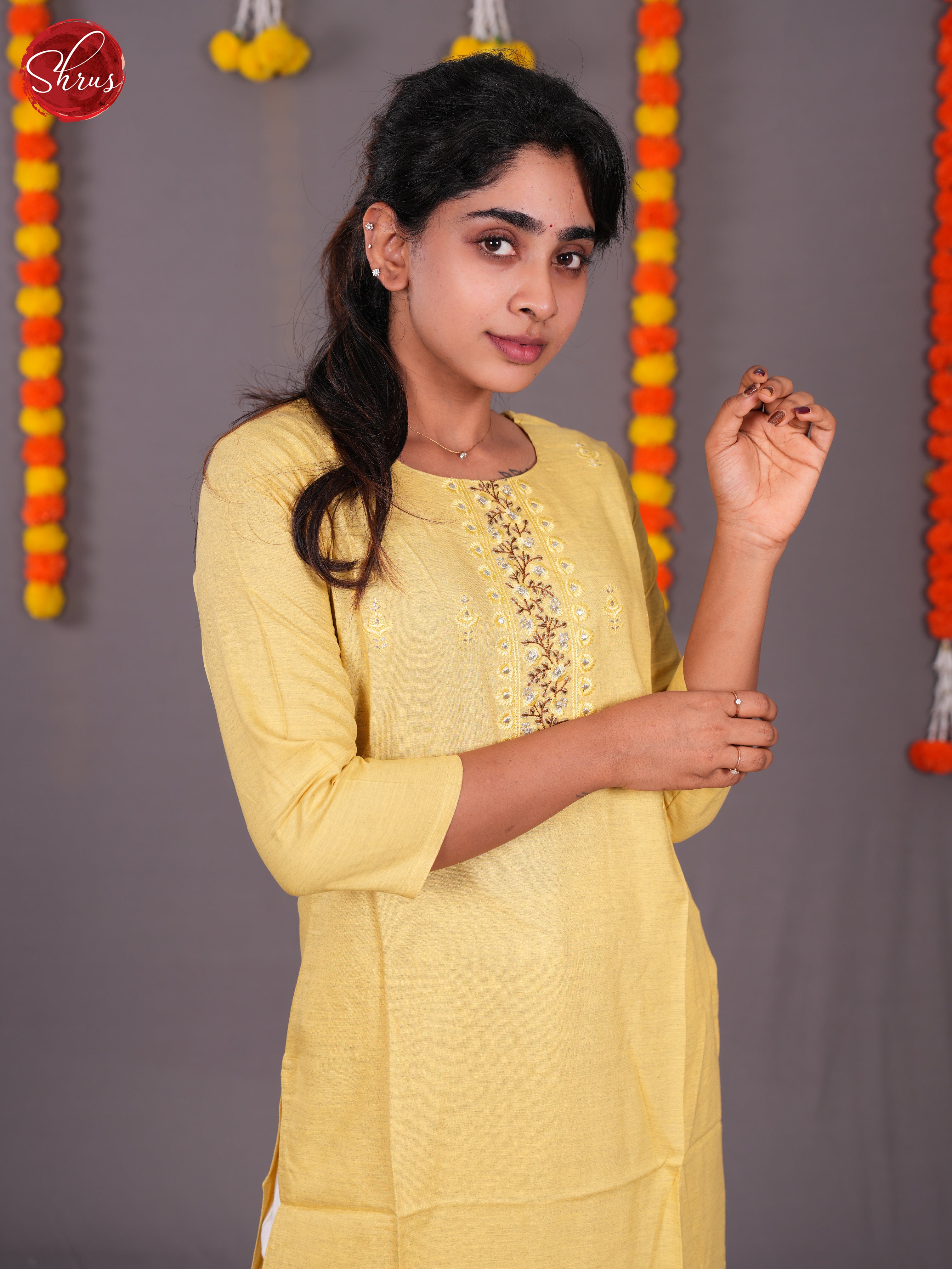 Yellow -Embroidered Readymade cotton stright  Kurti - Shop on ShrusEternity.com