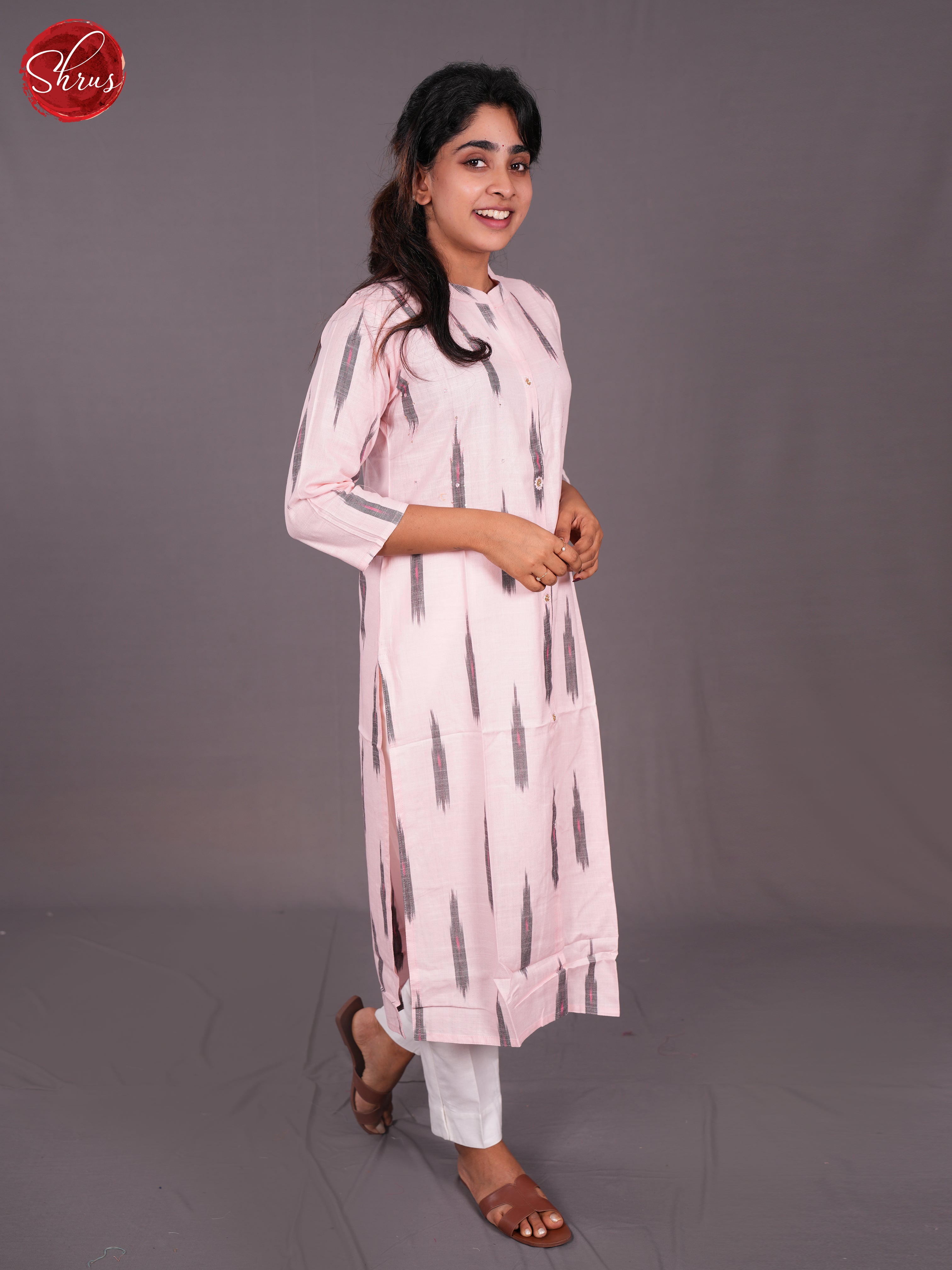 Pink - Ikkat Printed Readymade Kurti with collar  neck - Shop on ShrusEternity.com