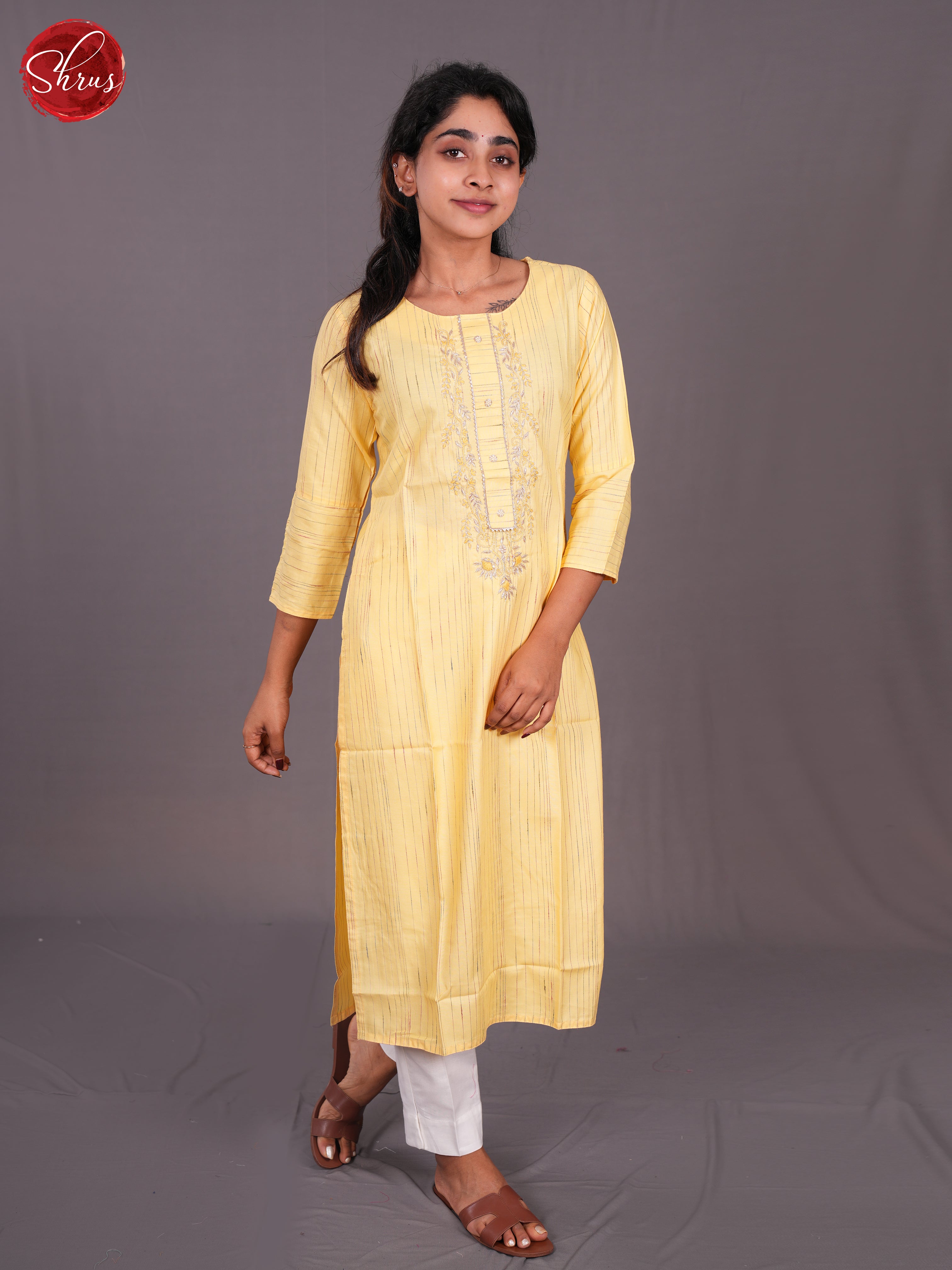 Yellow -Embroidered straight fit Readymade Kurti - Shop on ShrusEternity.com