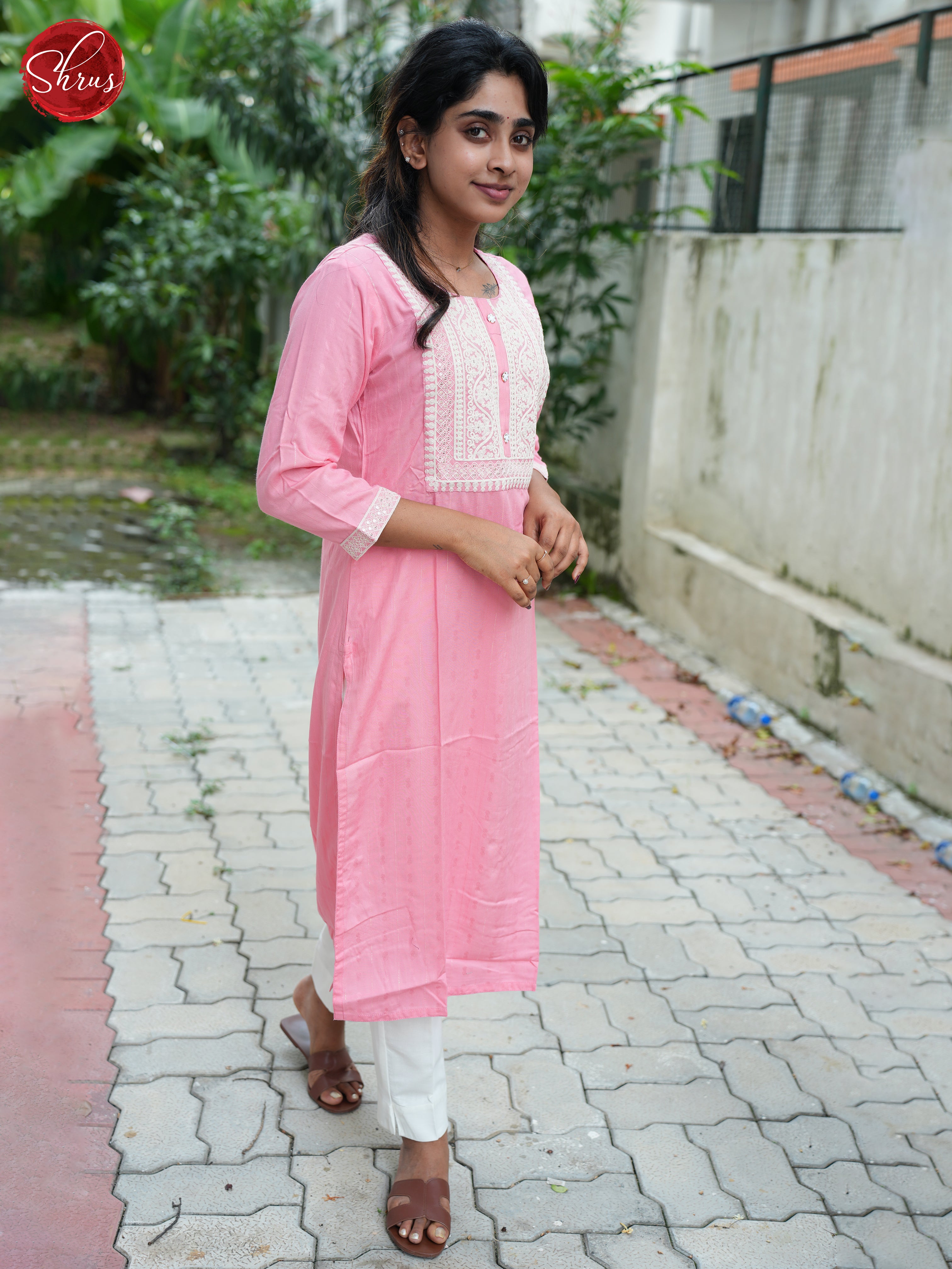 Pink  - Lace embroidery Readymade straight fit  Kurti - Shop on ShrusEternity.com