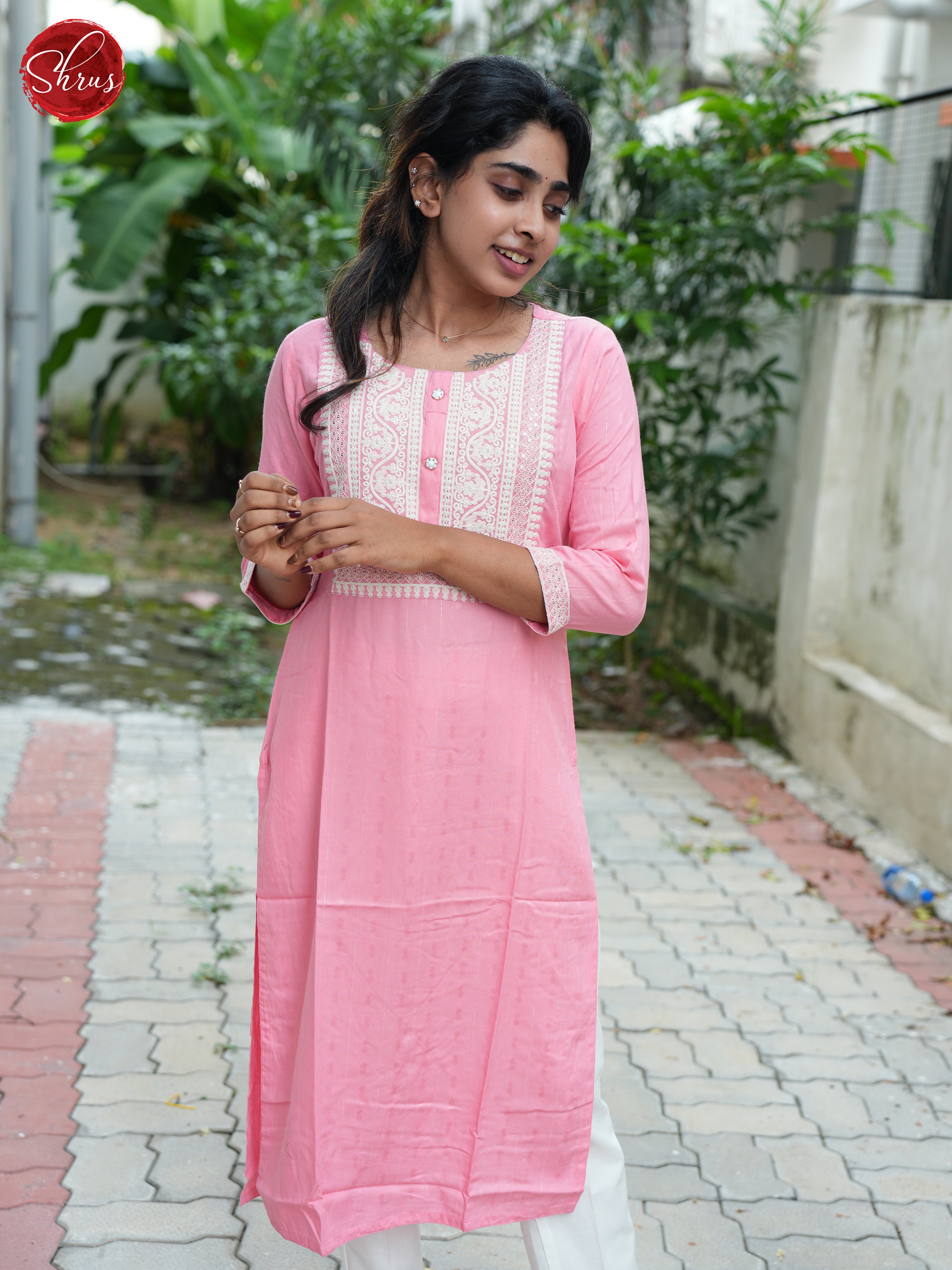 Pink  - Lace embroidery Readymade straight fit  Kurti - Shop on ShrusEternity.com