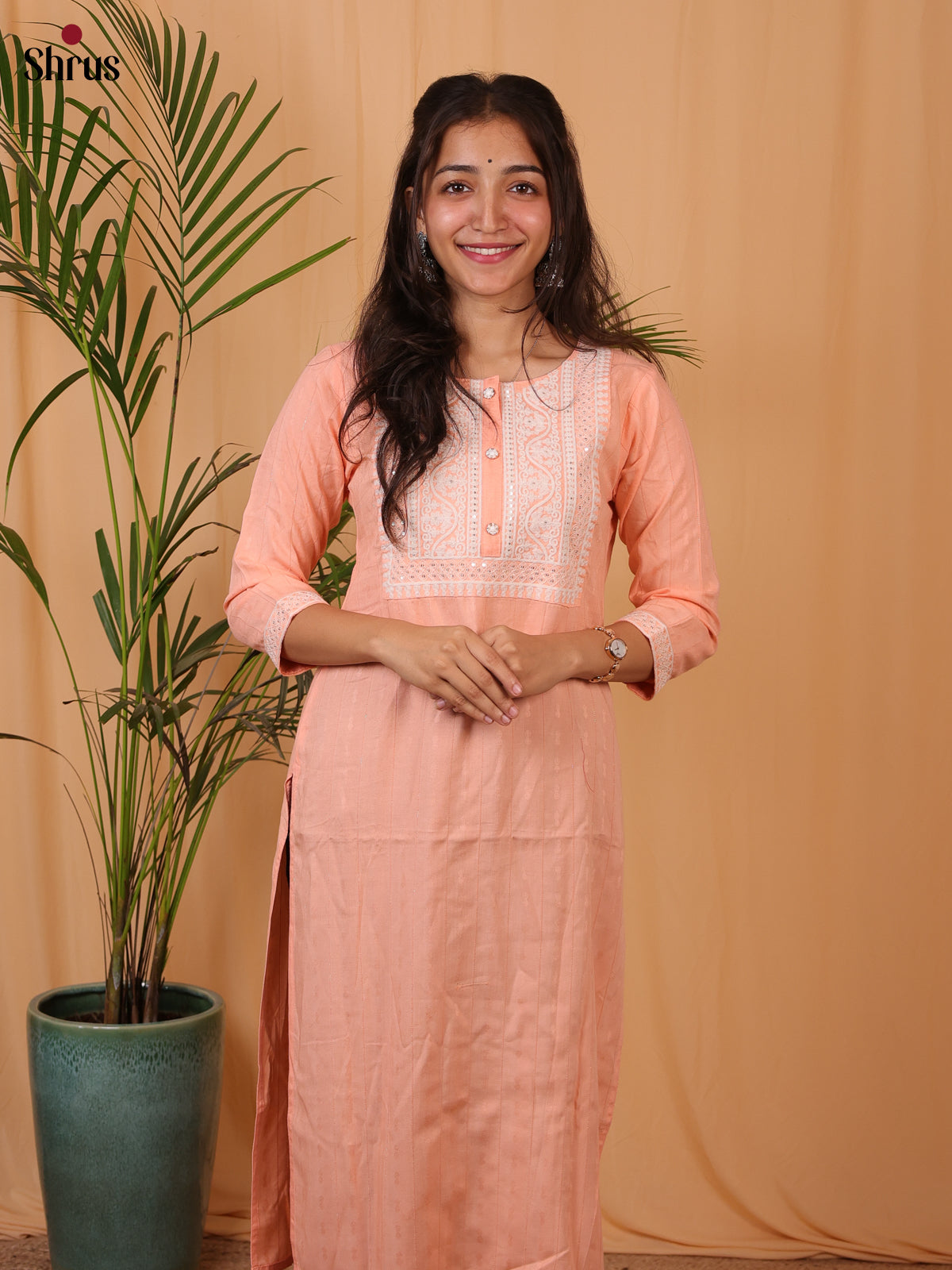 Peach - Lace Embroidery Straight fit Readymade Kurti