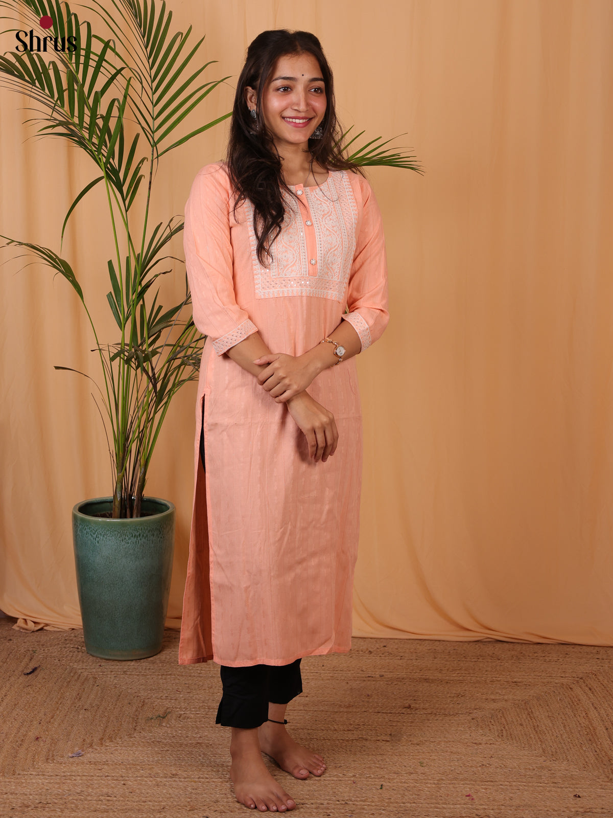 Peach - Lace Embroidery Straight fit Readymade Kurti