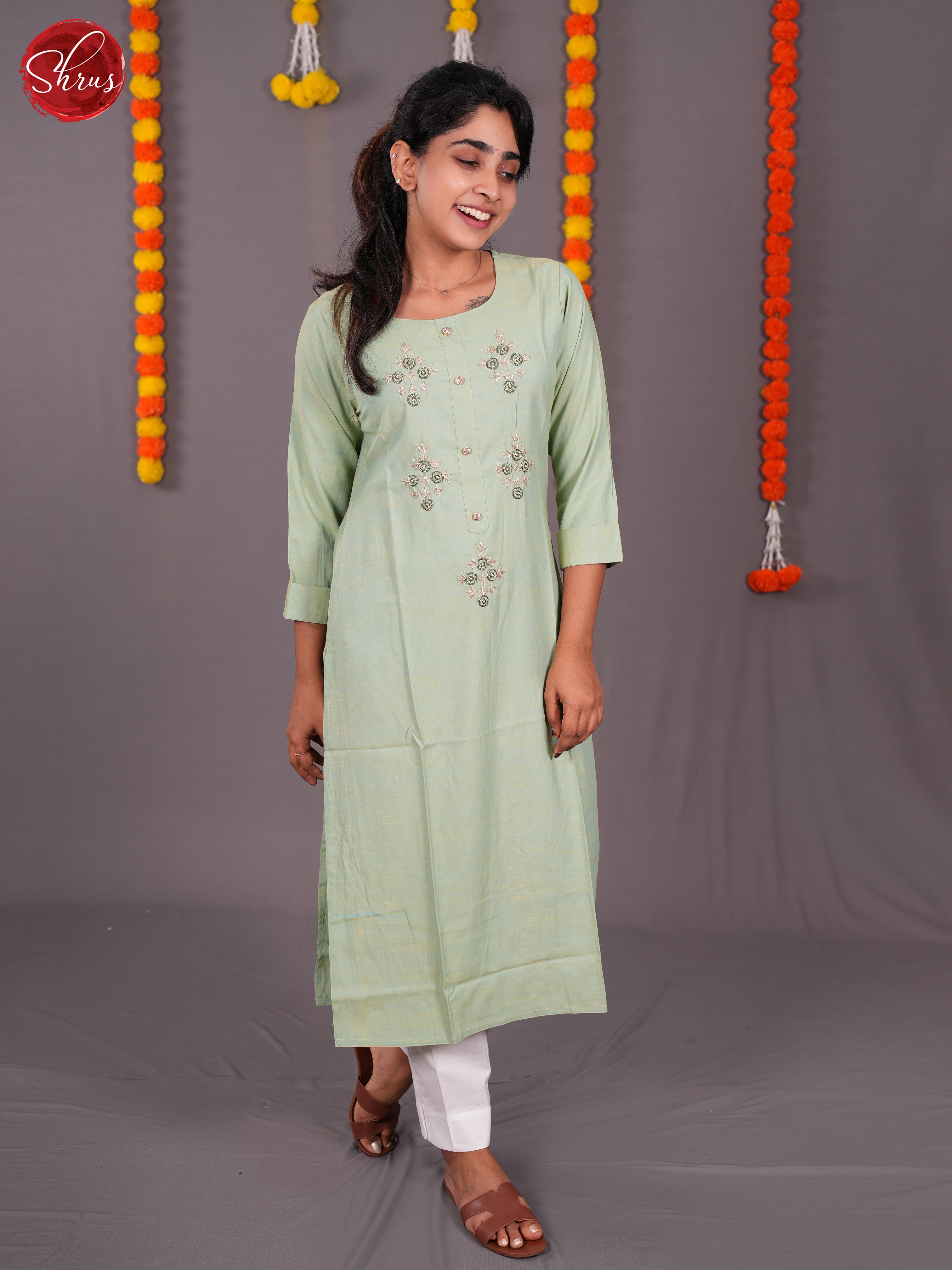 Green  - Embroidered Readymade Straight Kurti - Shop on ShrusEternity.com