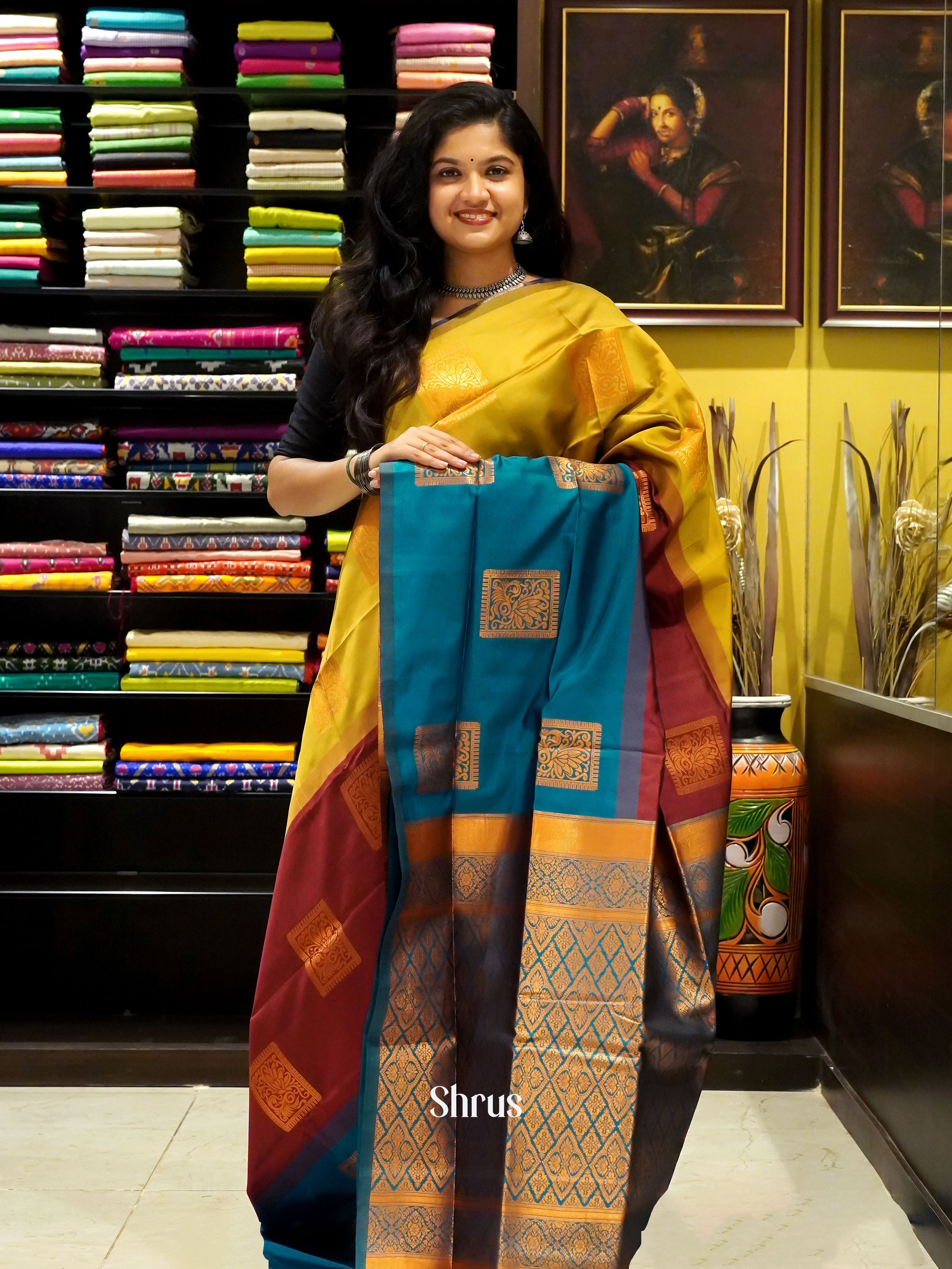 Blue & Red , Green - Semi Softsilk Saree