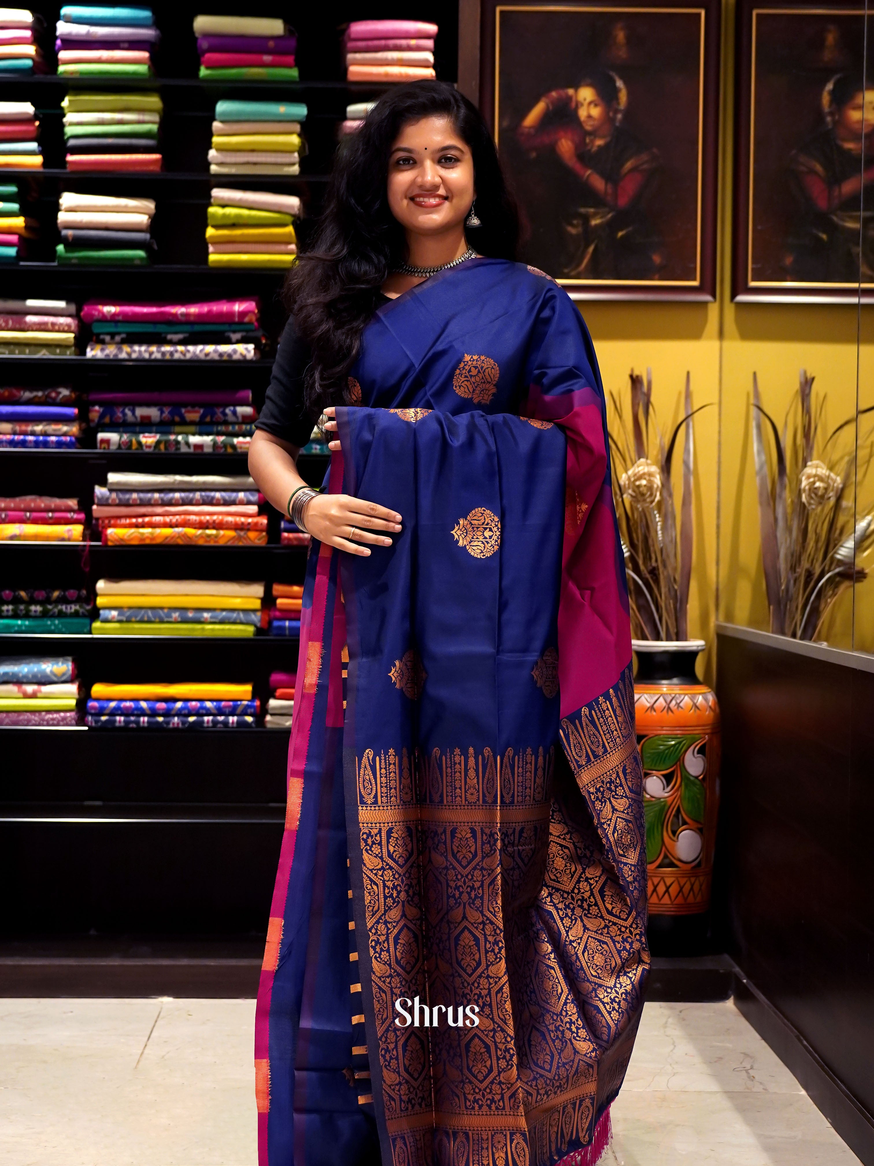 Blue And Pink- Semi Soft silk saree