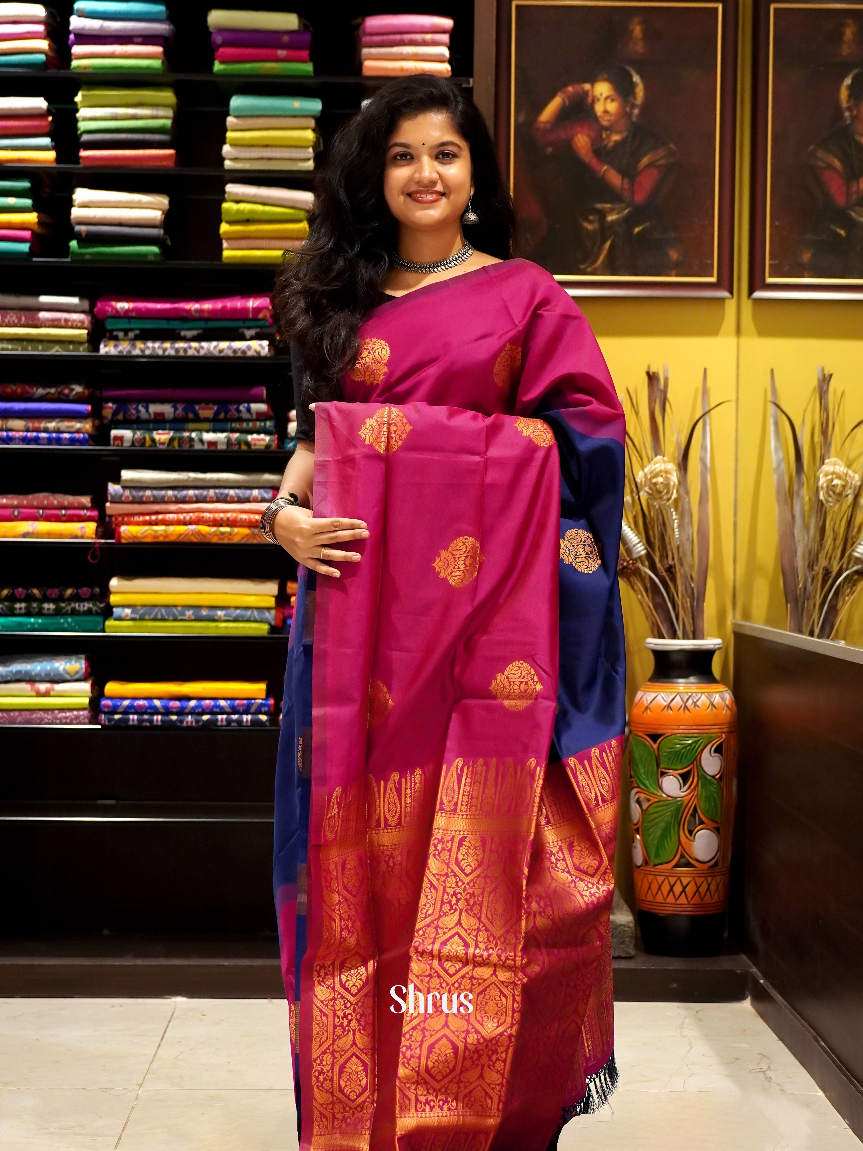 Pink And Blue- Semi soft Silk saree