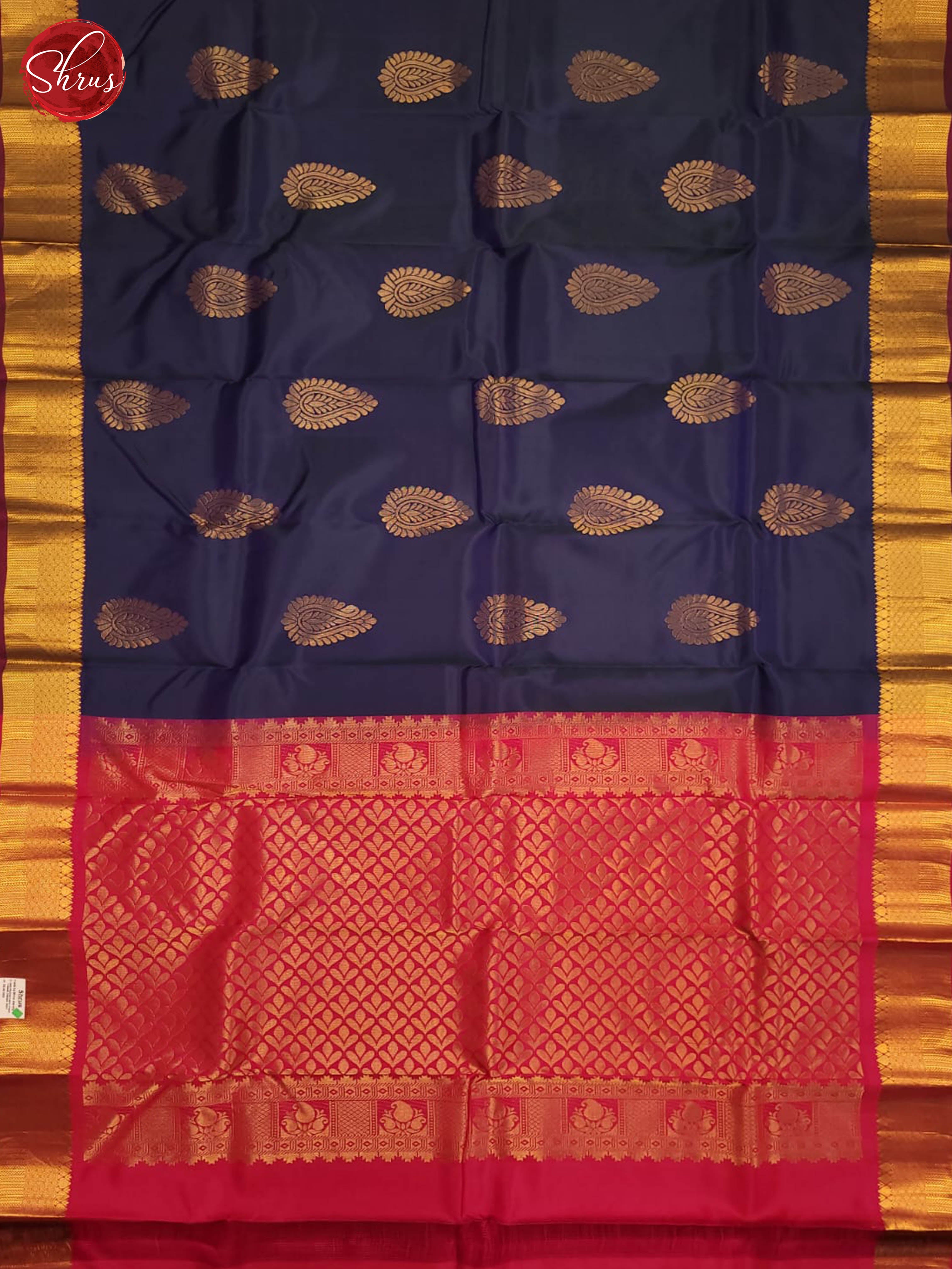 Navy blue and pink- Kanchipuram Half-pure Silk Saree - Shop on ShrusEternity.com