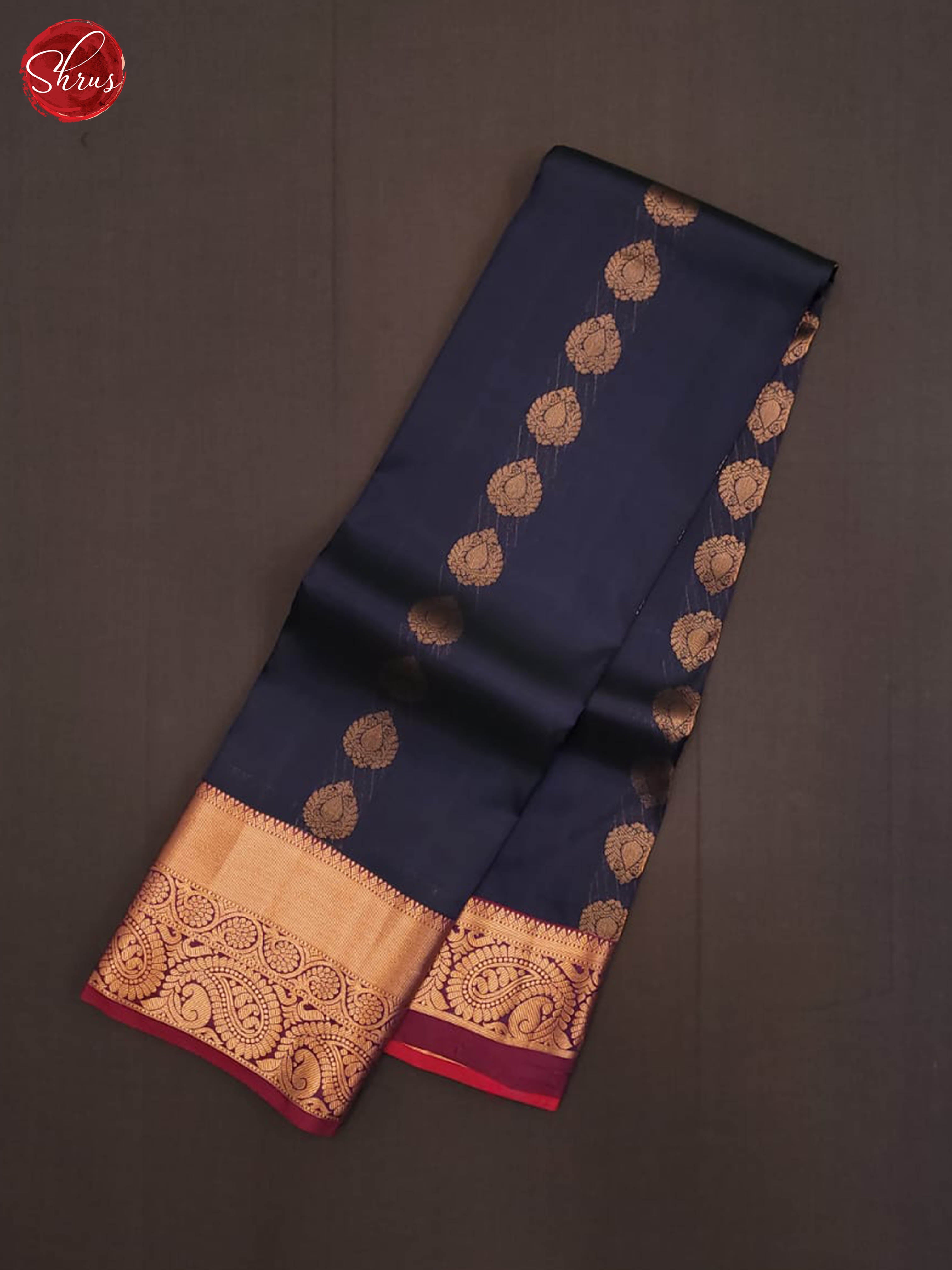 Navy blue and pink- Kanchipuram half-pure Silk Saree - Shop on ShrusEternity.com