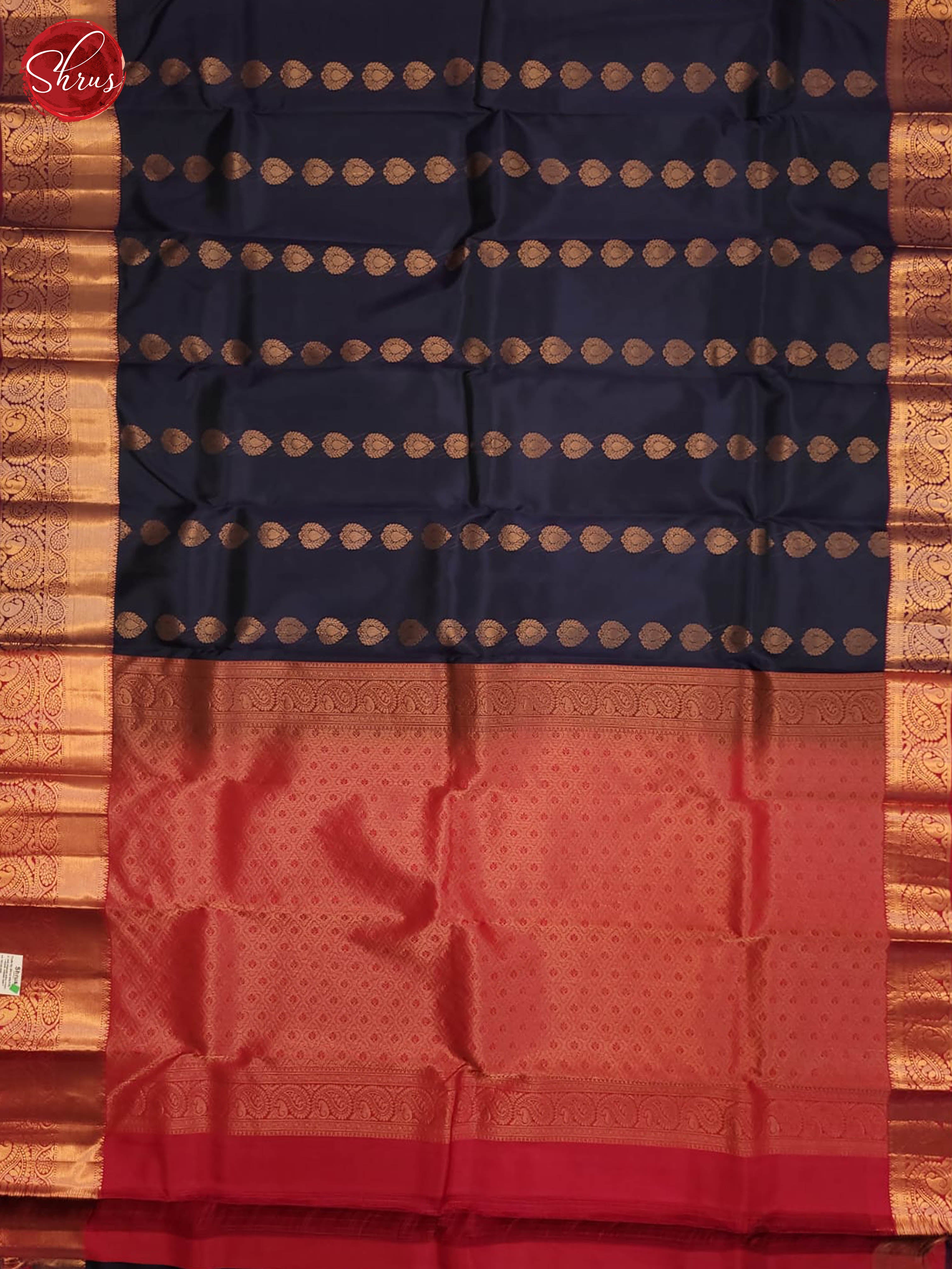 Navy blue and pink- Kanchipuram half-pure Silk Saree - Shop on ShrusEternity.com