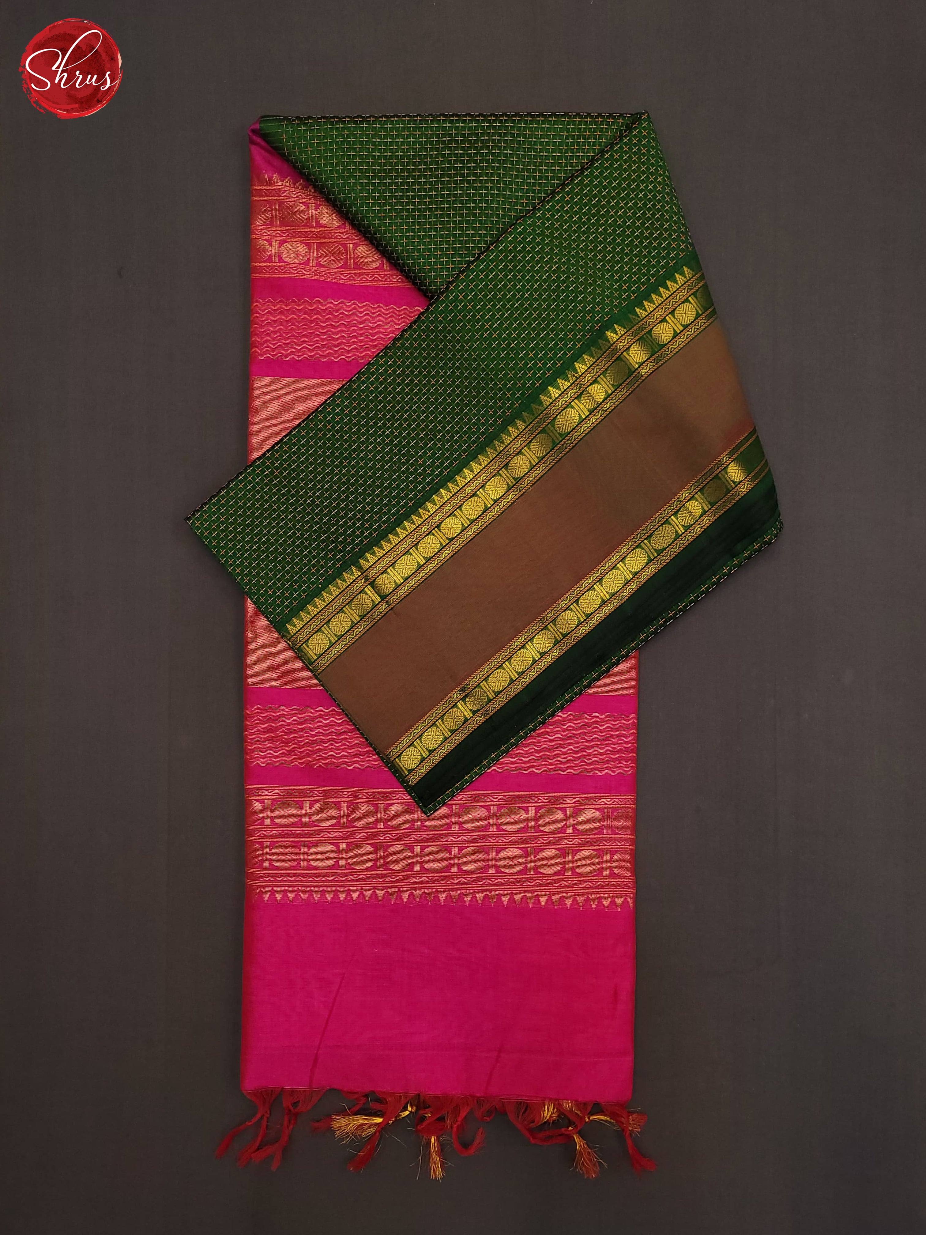 Bottle Green & Pink - Silk Cotton Saree - Shop on ShrusEternity.com