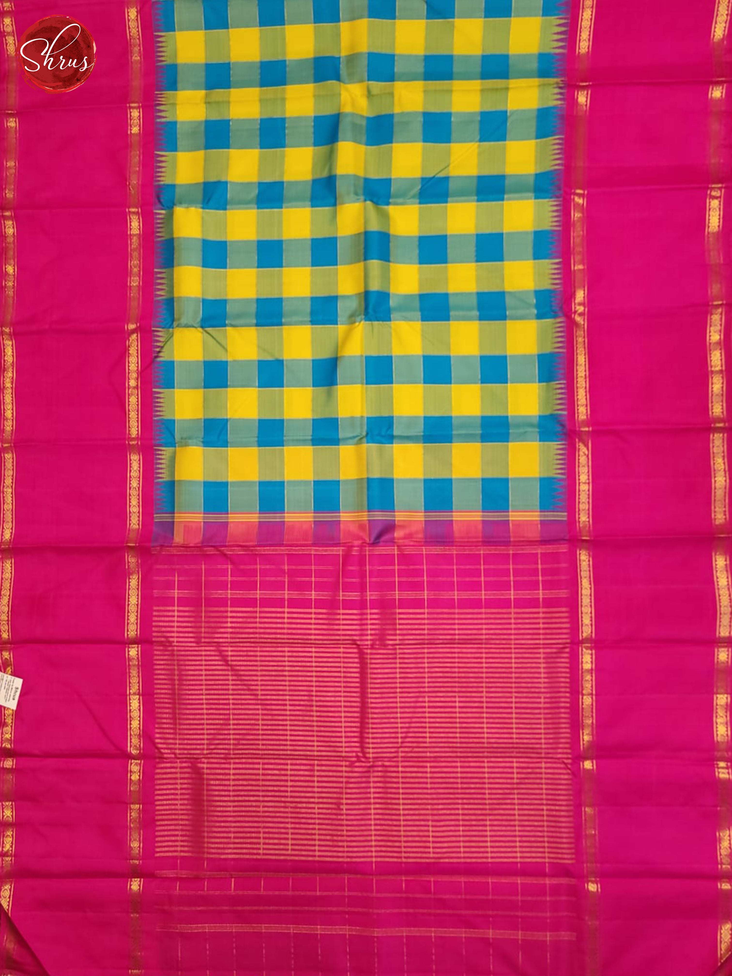 Yellow , Blue & Pink - Kanchipuram silk Saree - Shop on ShrusEternity.com