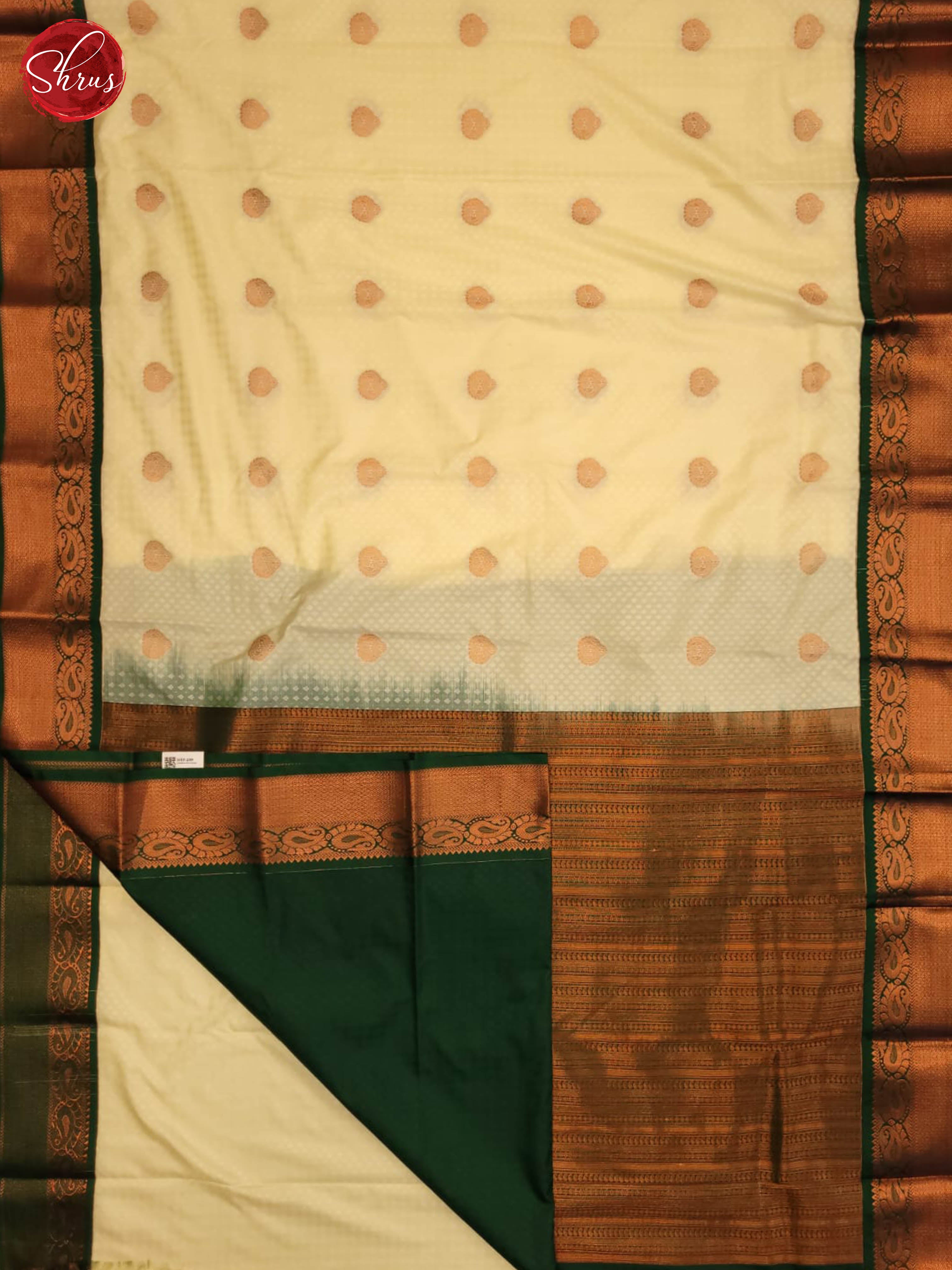 cream and green - Semi Kanchipuram Saree - Shop on ShrusEternity.com