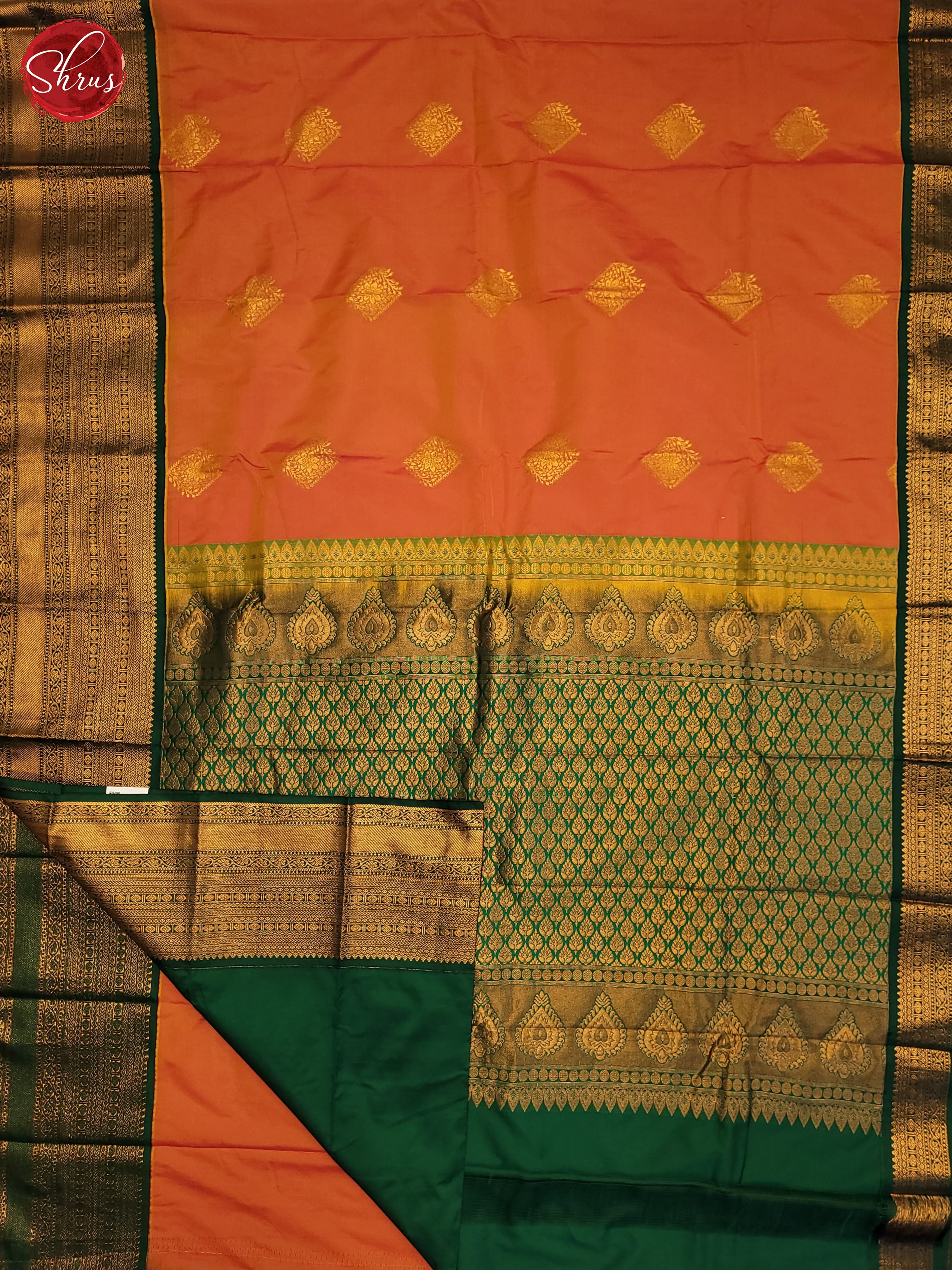 Orange & Green- Semi Kanchipuram Saree - Shop on ShrusEternity.com