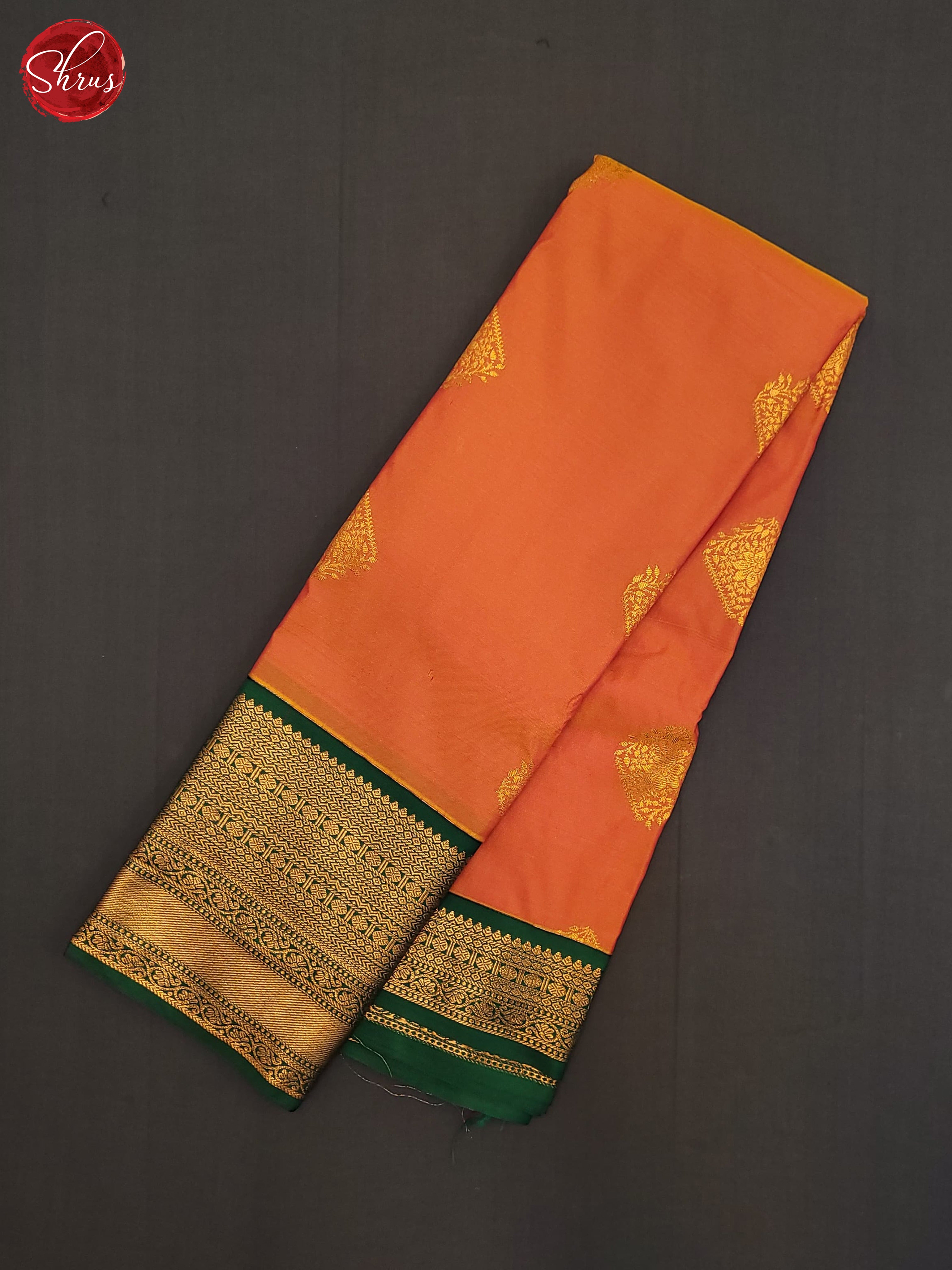 Orange & Green- Semi Kanchipuram Saree - Shop on ShrusEternity.com