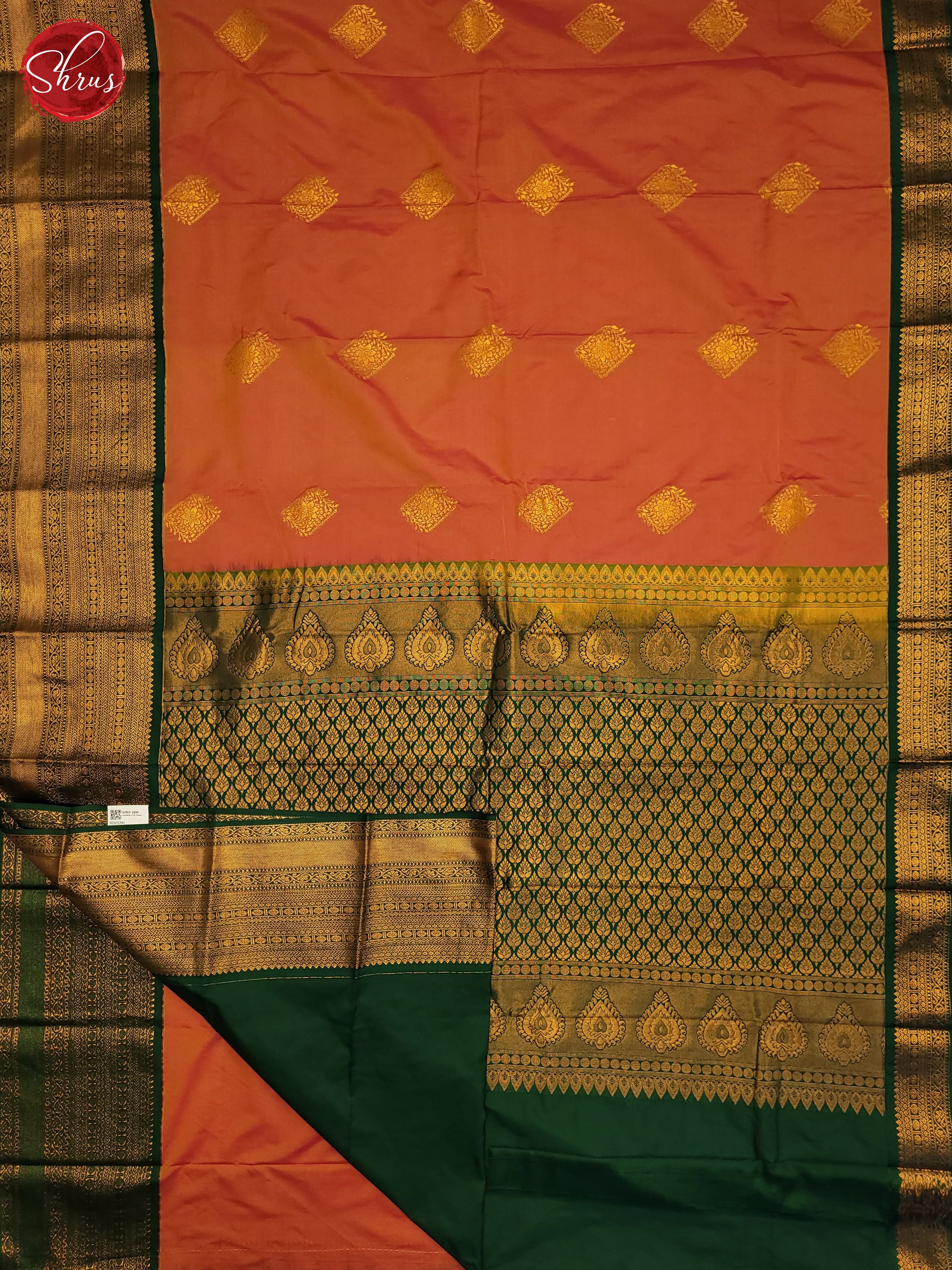 Peach & Bottle Green - Semi Kanchipuram Saree - Shop on ShrusEternity.com