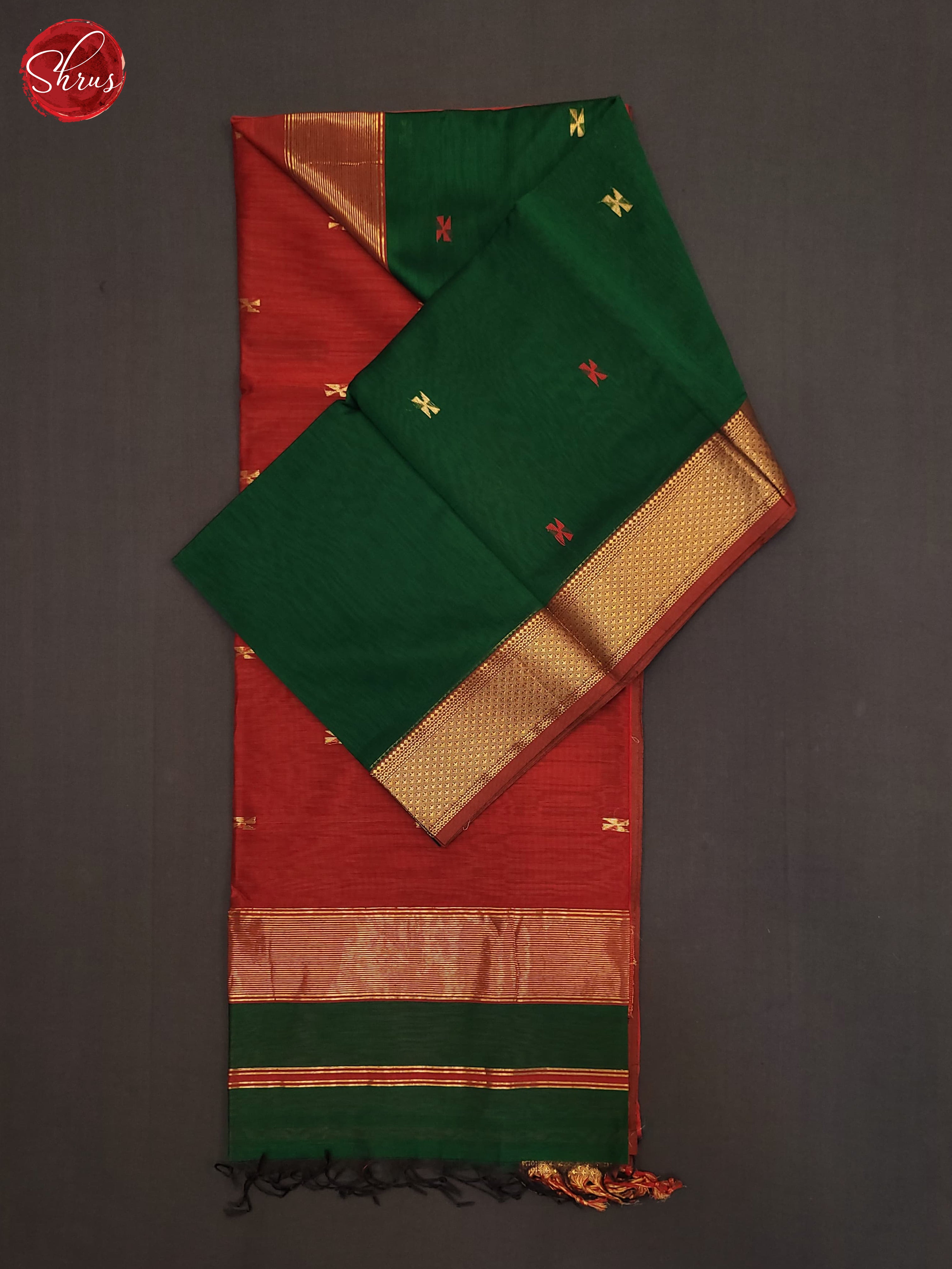 Bottle Green & Red - Maheshwari silkcotton Saree - Shop on ShrusEternity.com