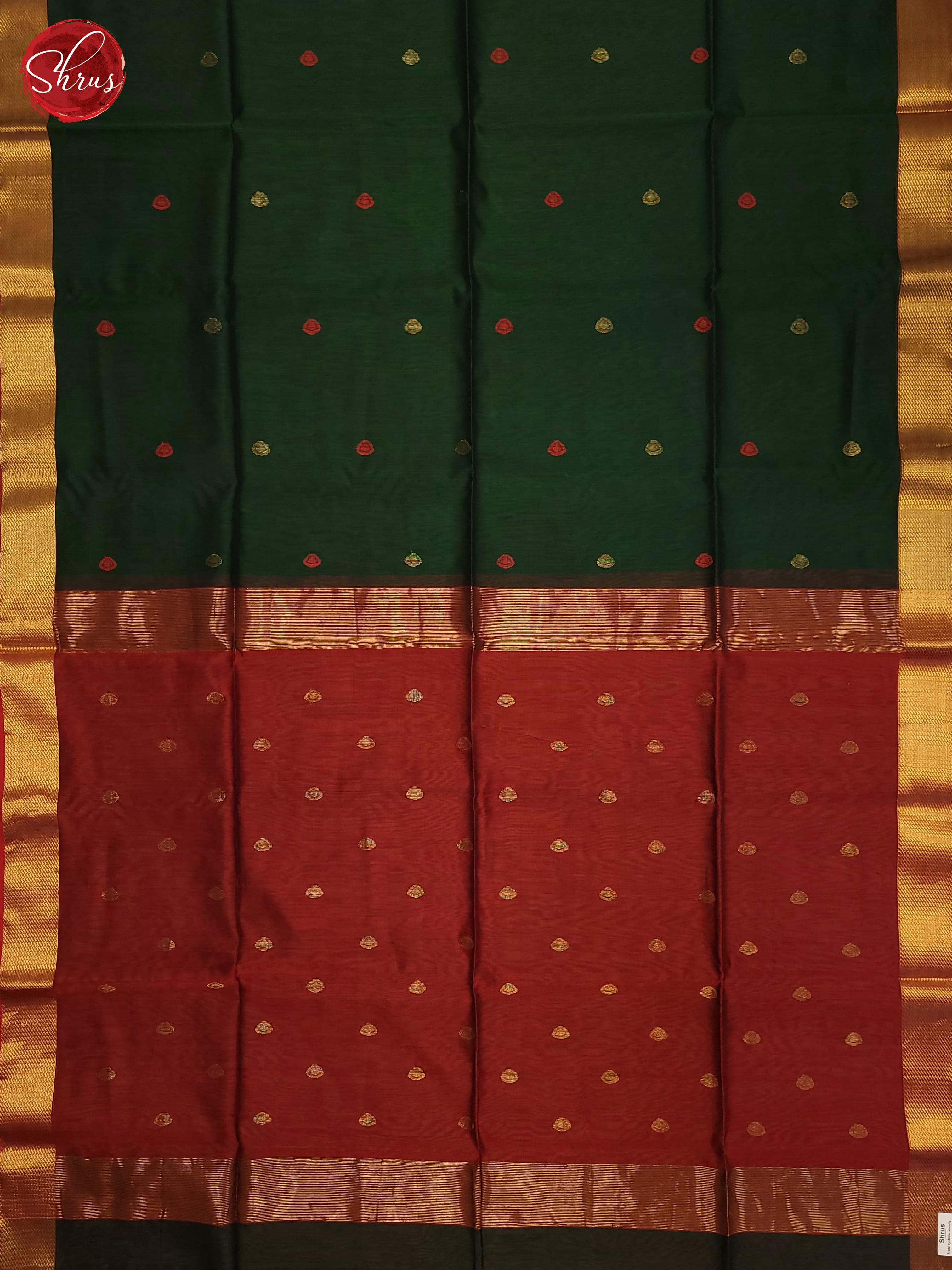 Bottle Green & Red - Maheshwari silkcotton Saree - Shop on ShrusEternity.com