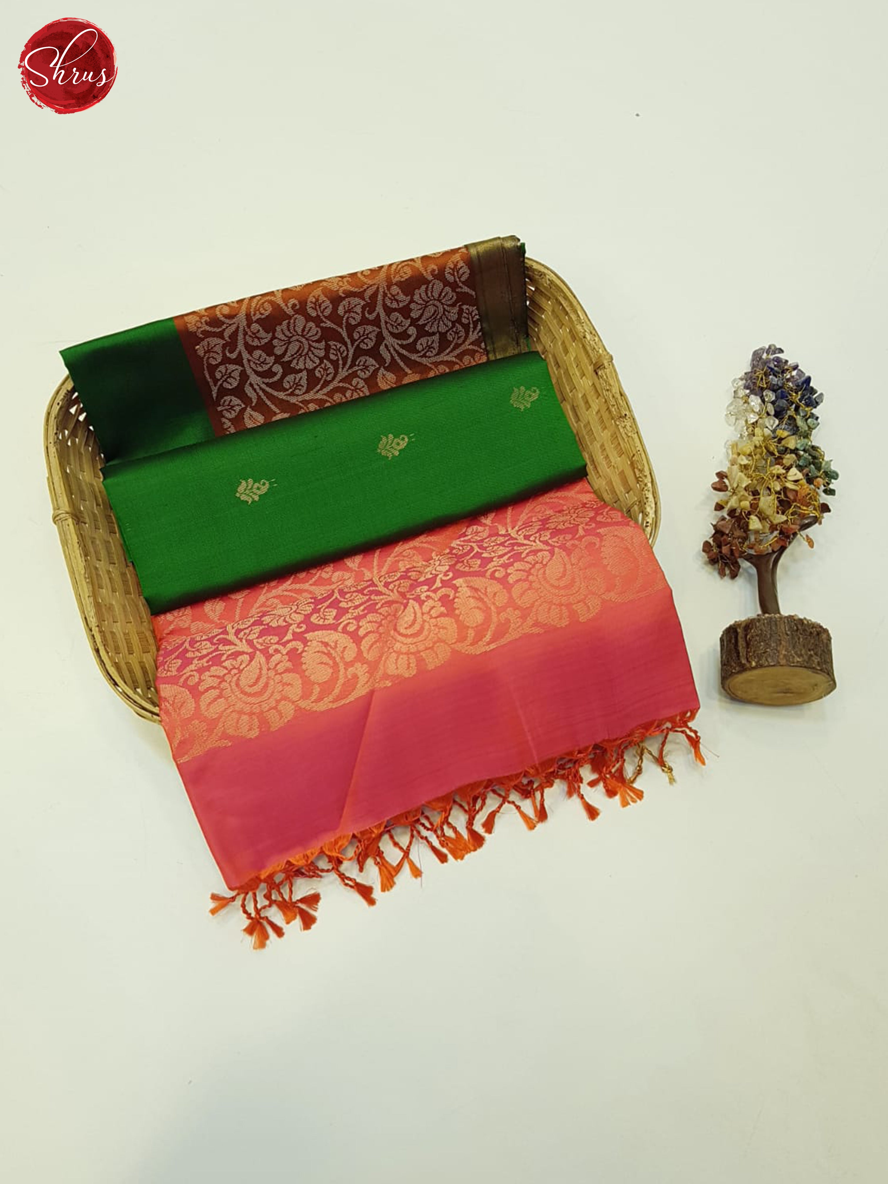 Green & Orangish Pink - Soft Silk Saree - Shop on ShrusEternity.com
