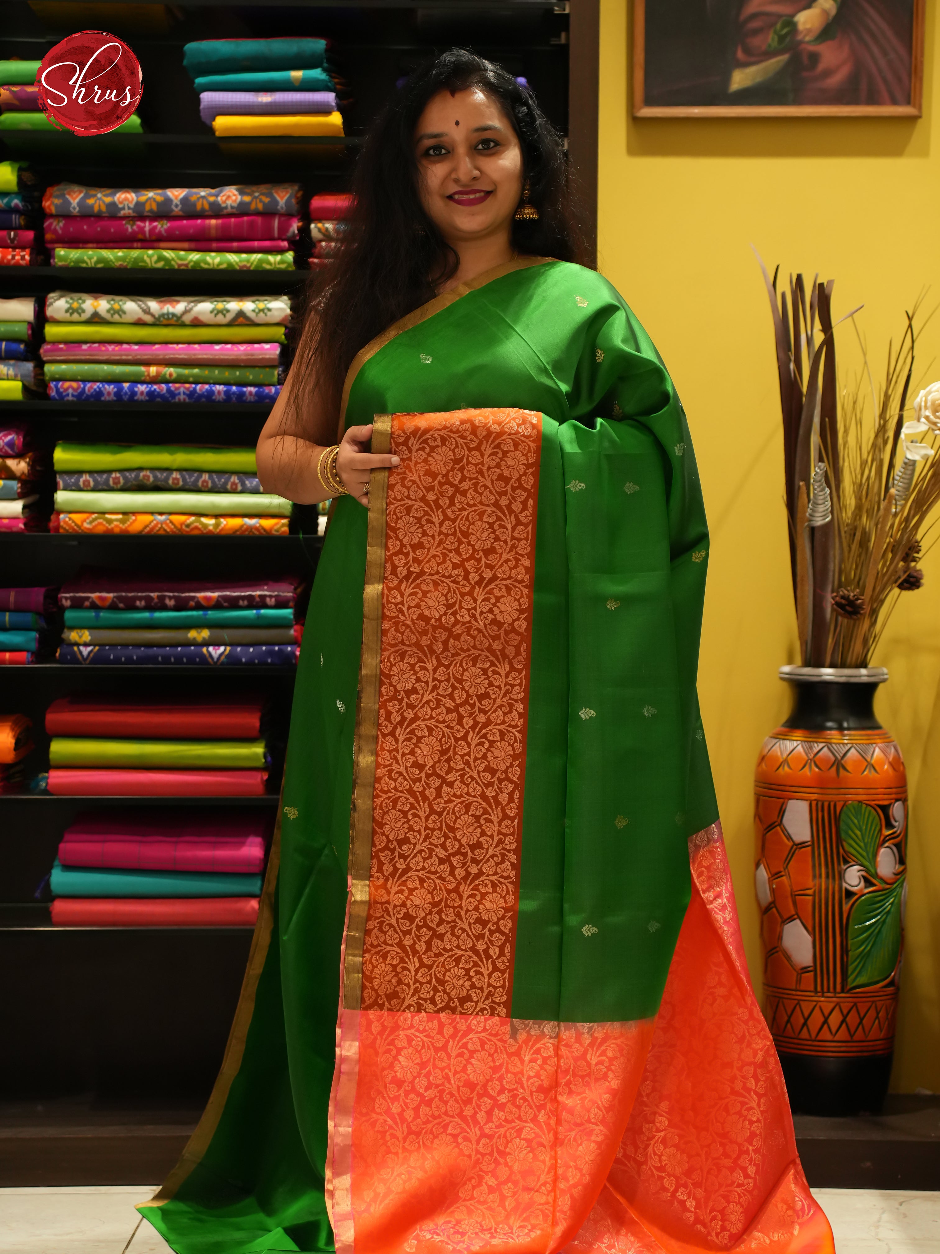 Green & Orangish Pink - Soft Silk Saree - Shop on ShrusEternity.com