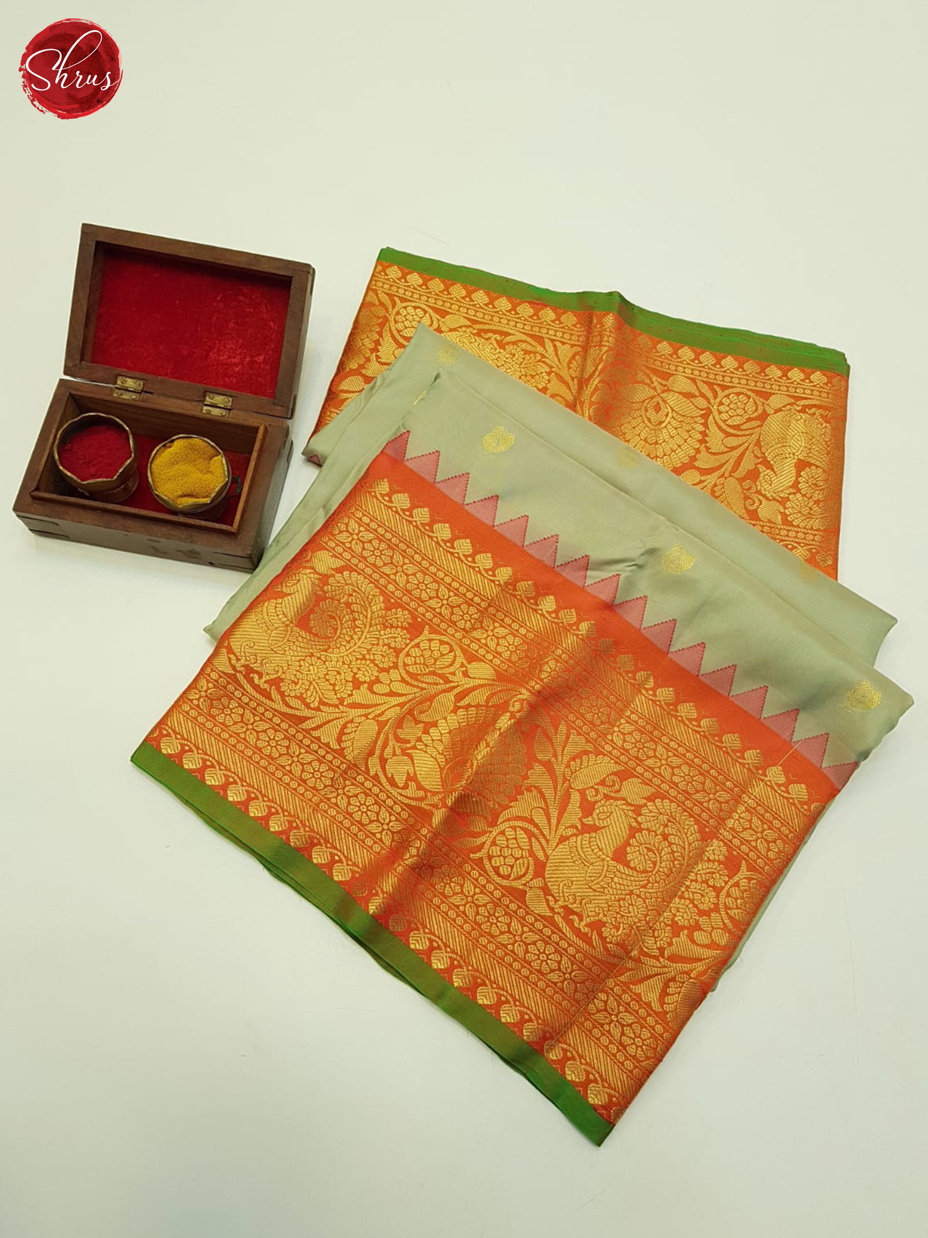 Grey And Orange-Kanchipuram Silk Saree - Shop on ShrusEternity.com