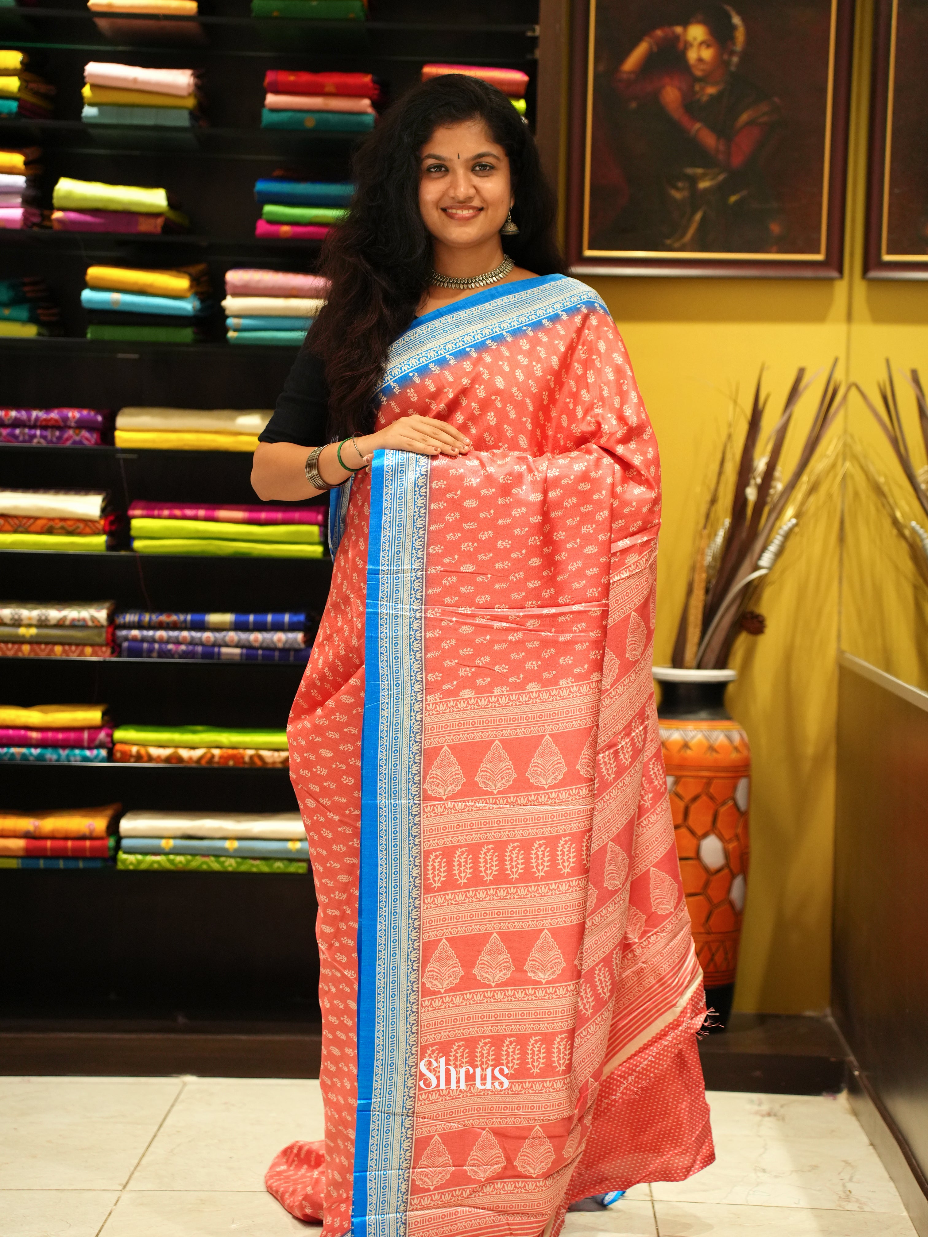 Peacish Pink & Blue- Semi Crepe Saree