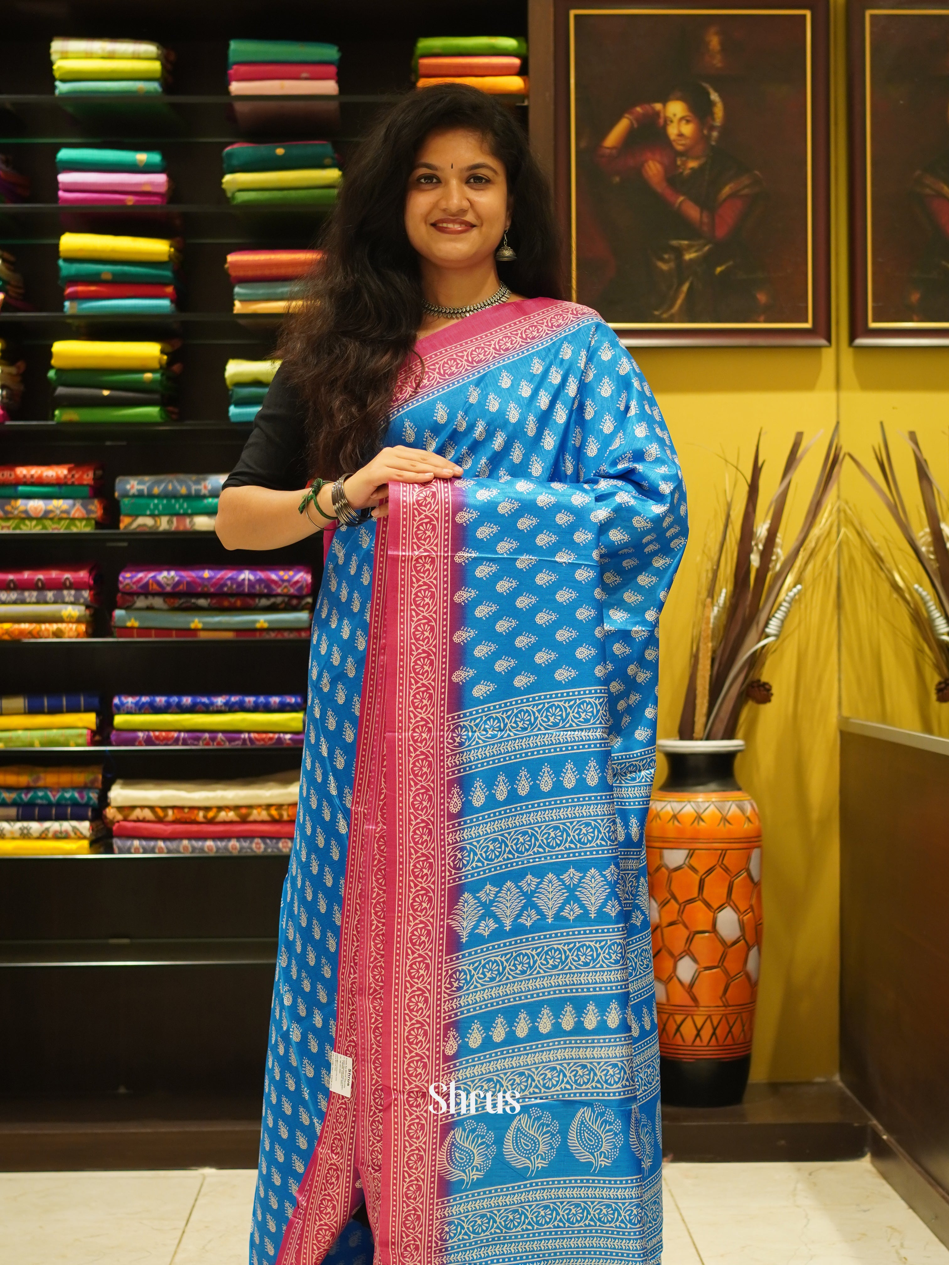 Blue & Pink- Semi Crepe Saree