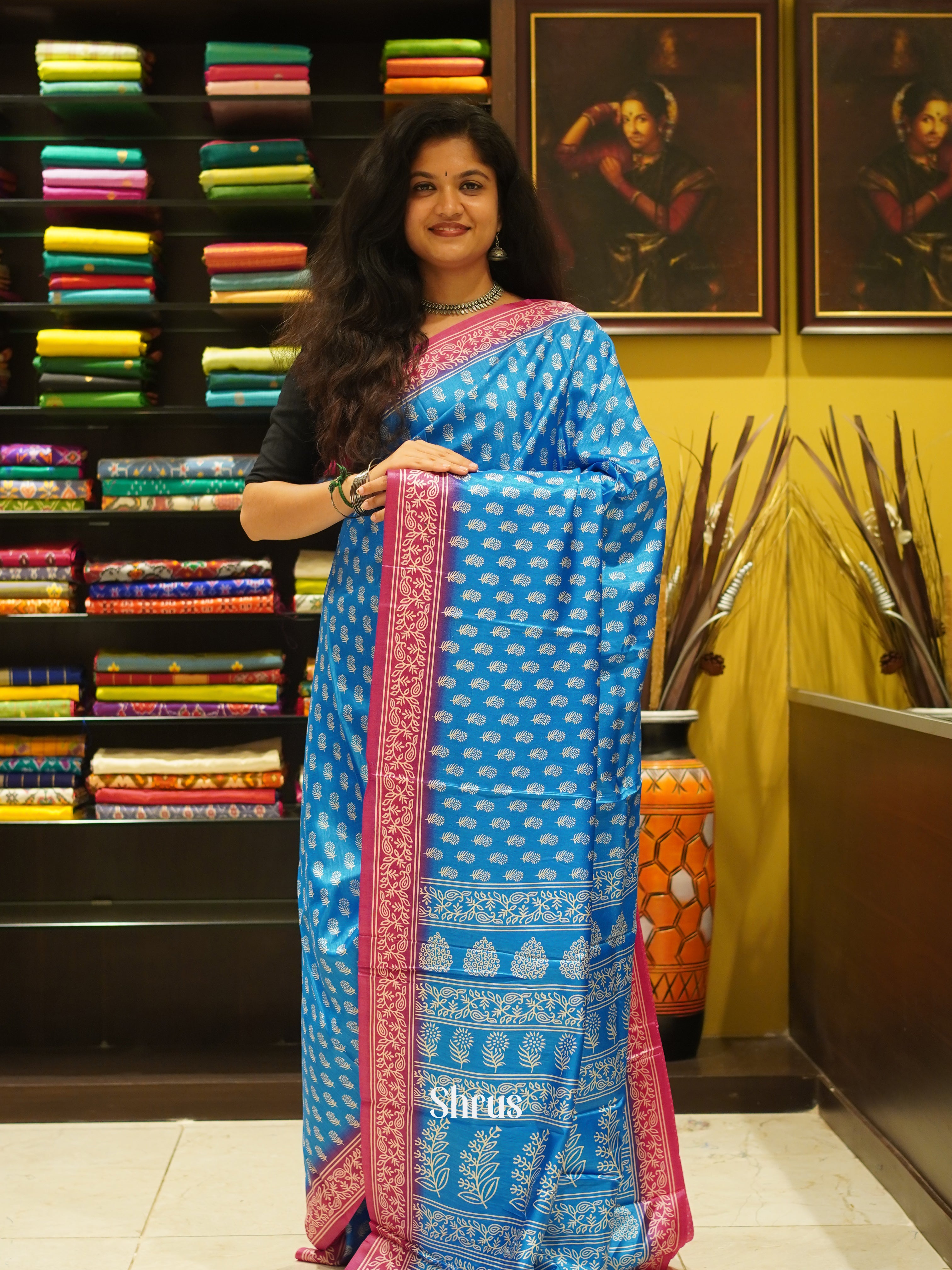 Blue & Pink - Semi Crepe Saree