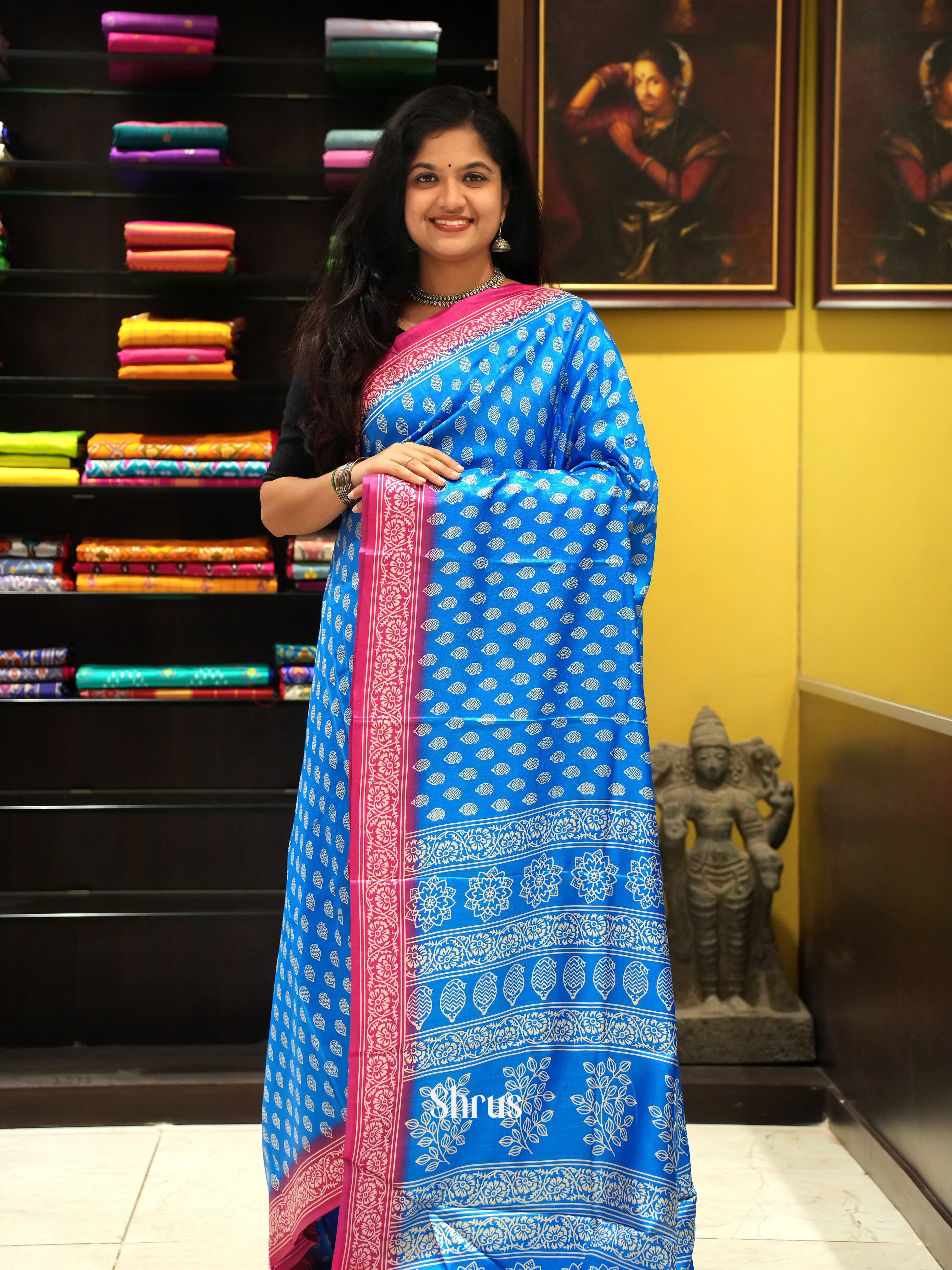 Blue & Pink - Semi Crepe Saree