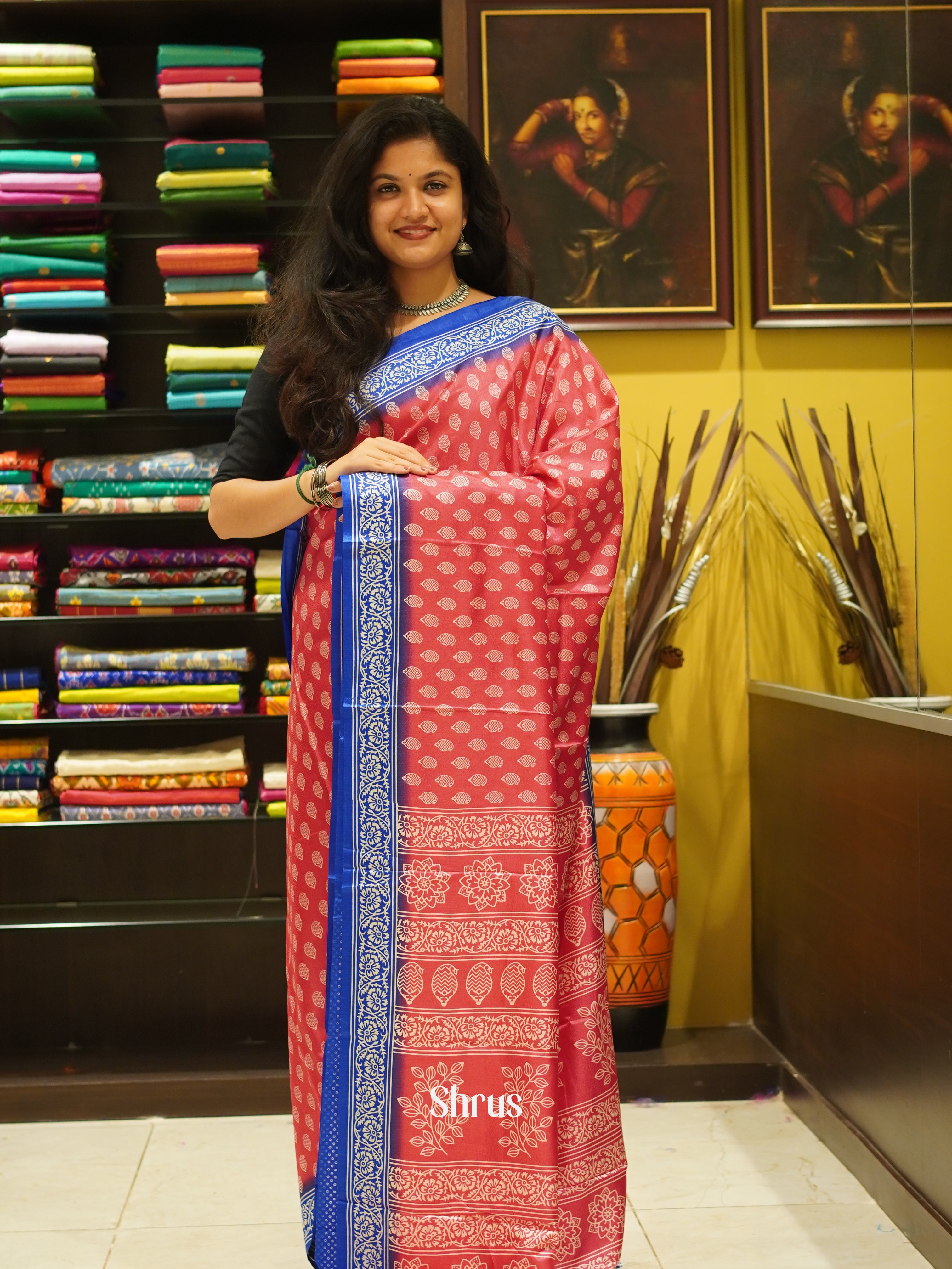 Pink & Blue - Semi crepe Saree