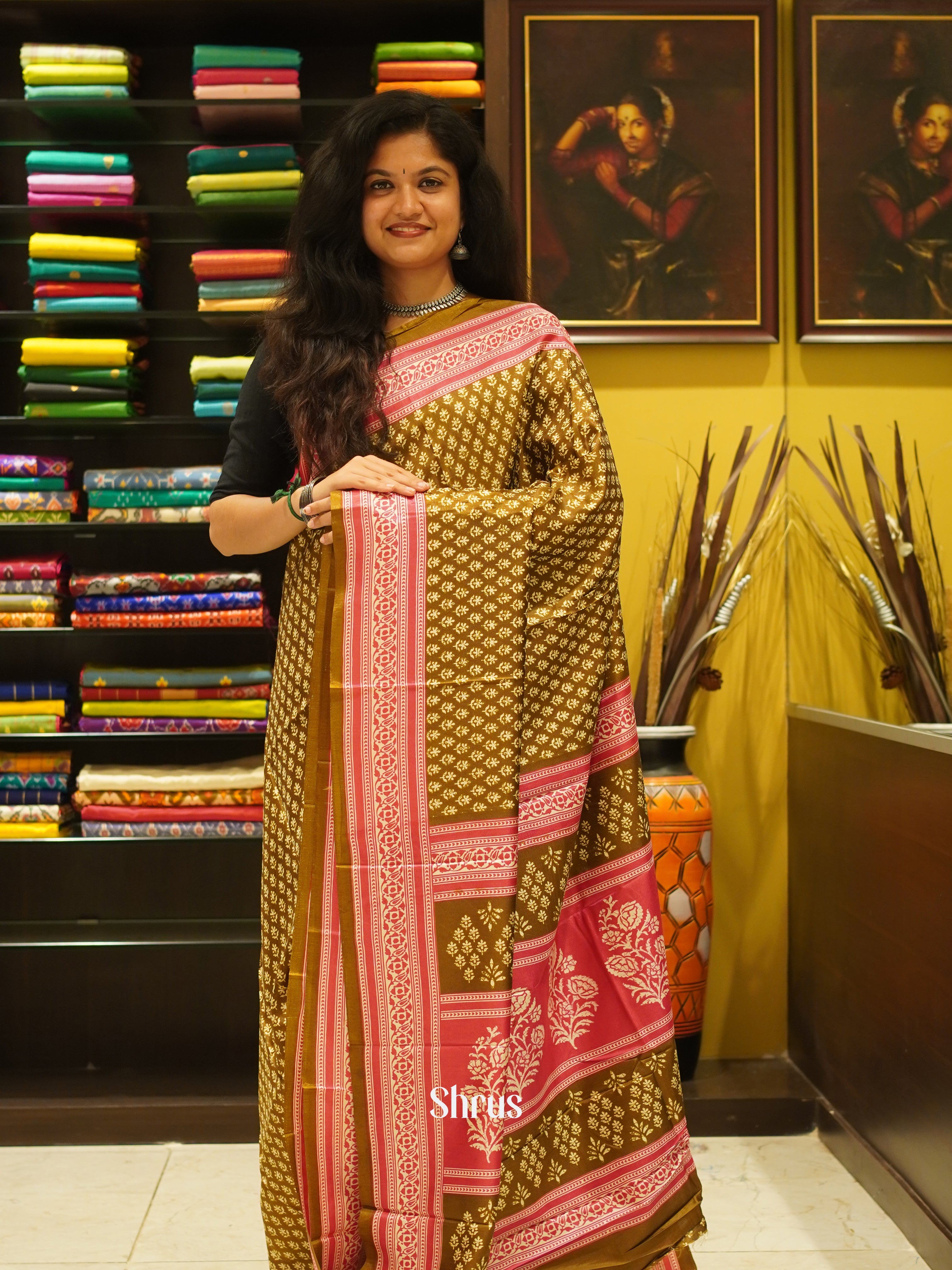 Mehandi Green & Pink - Semi Crepe Saree