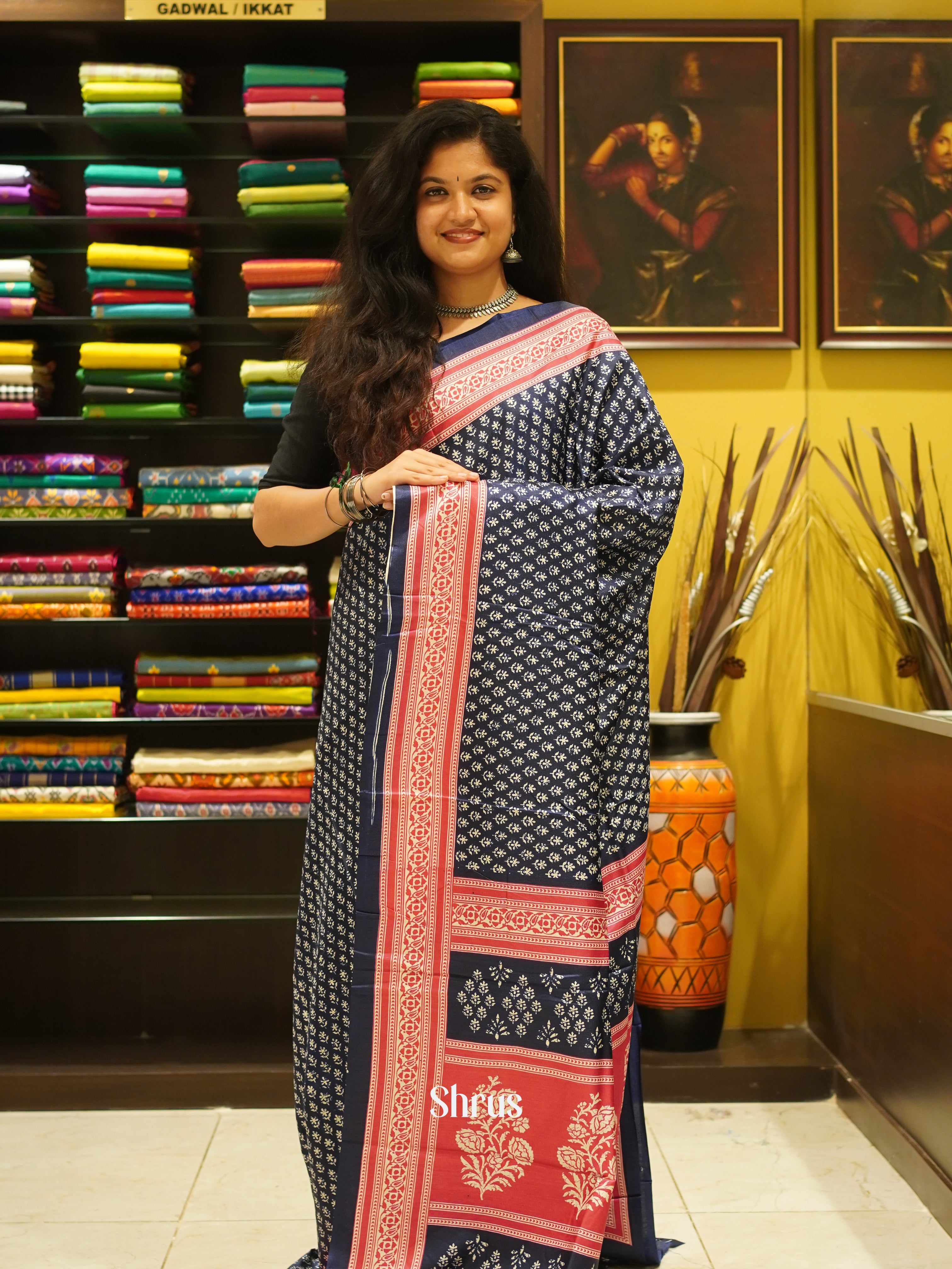 Navy Blue & Pink - Semi Crepe Saree