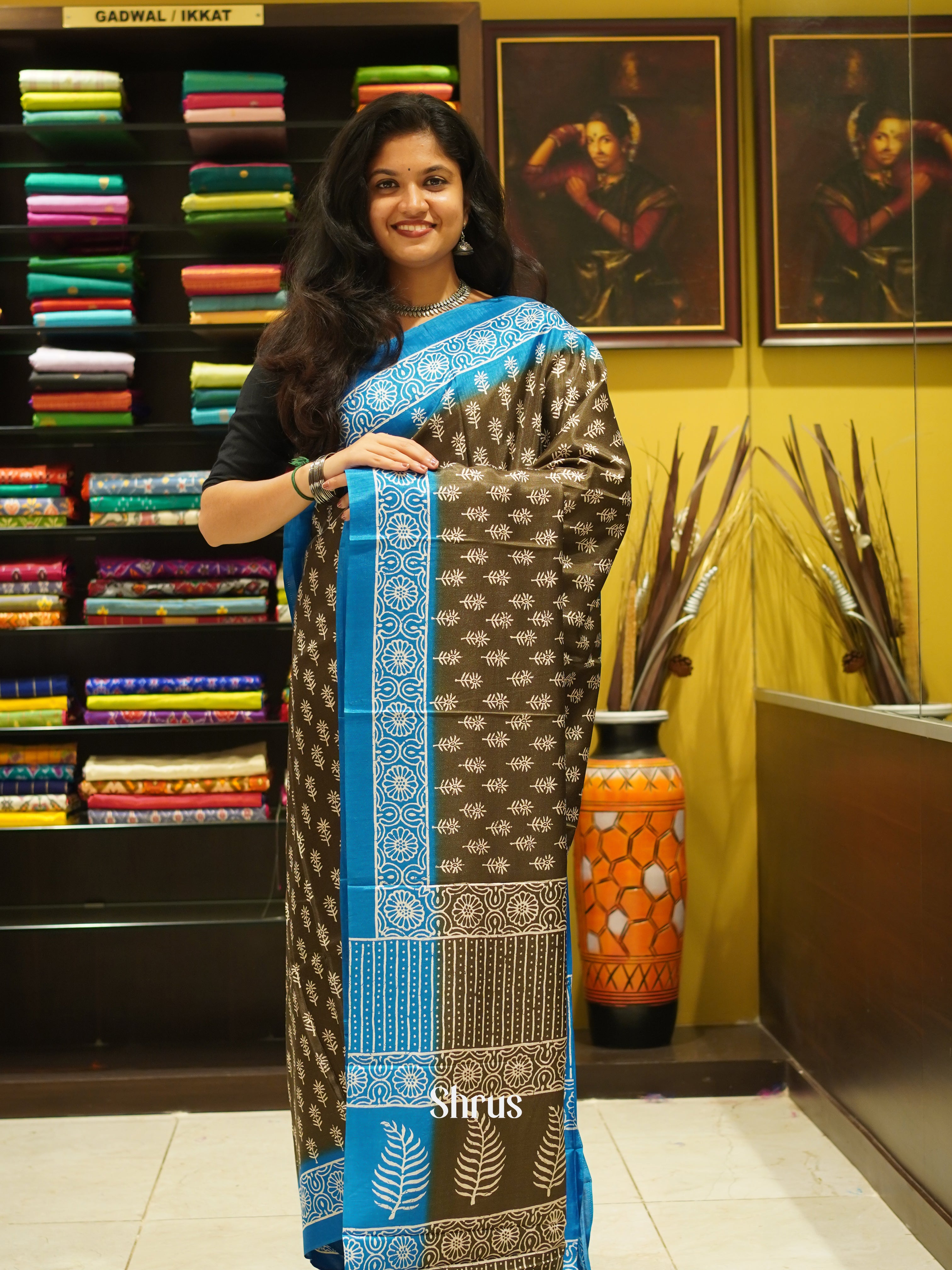 Brown  & Blue- Semi crepe Saree