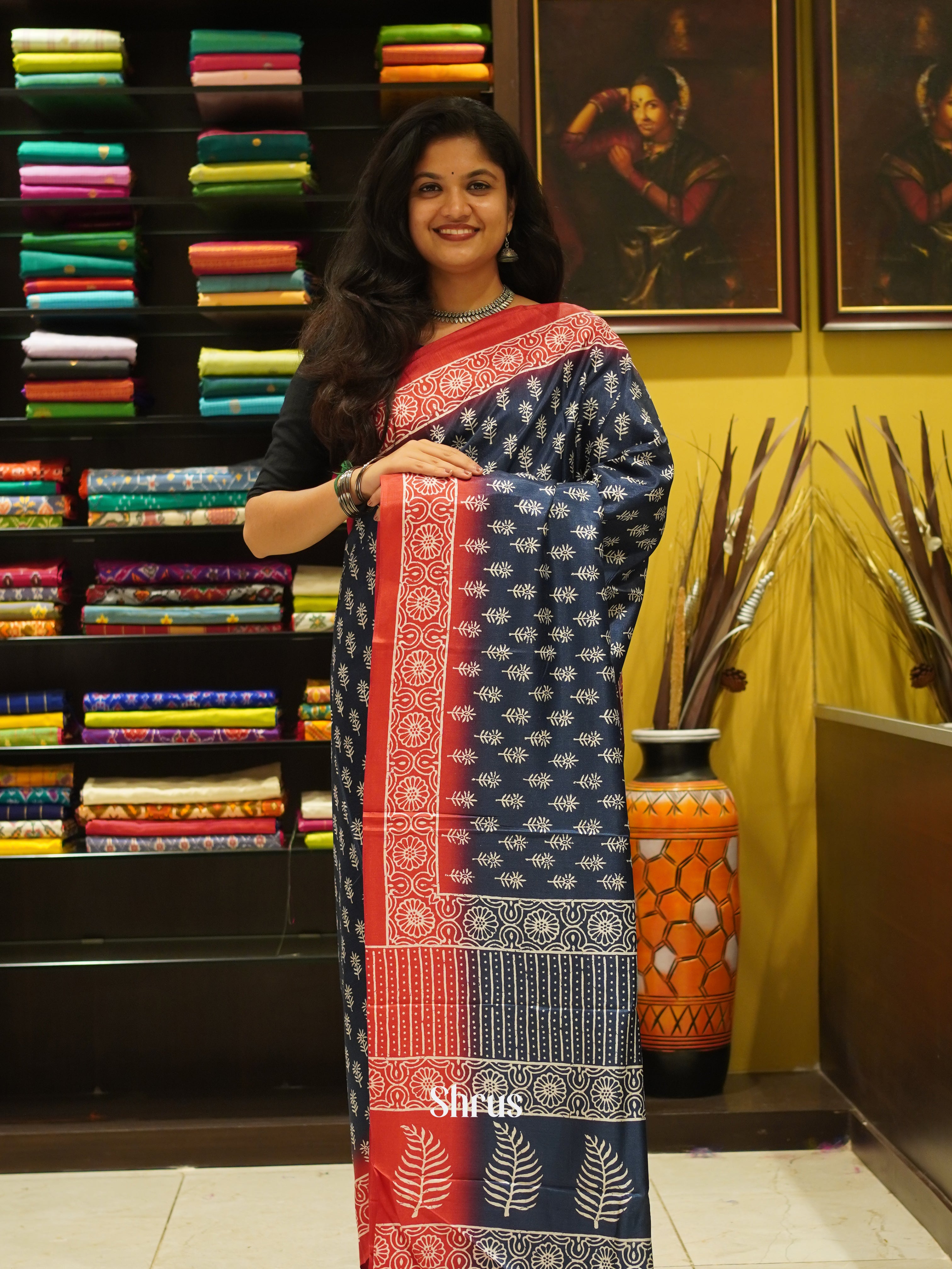 Blue & Pink - Semi crepe Saree