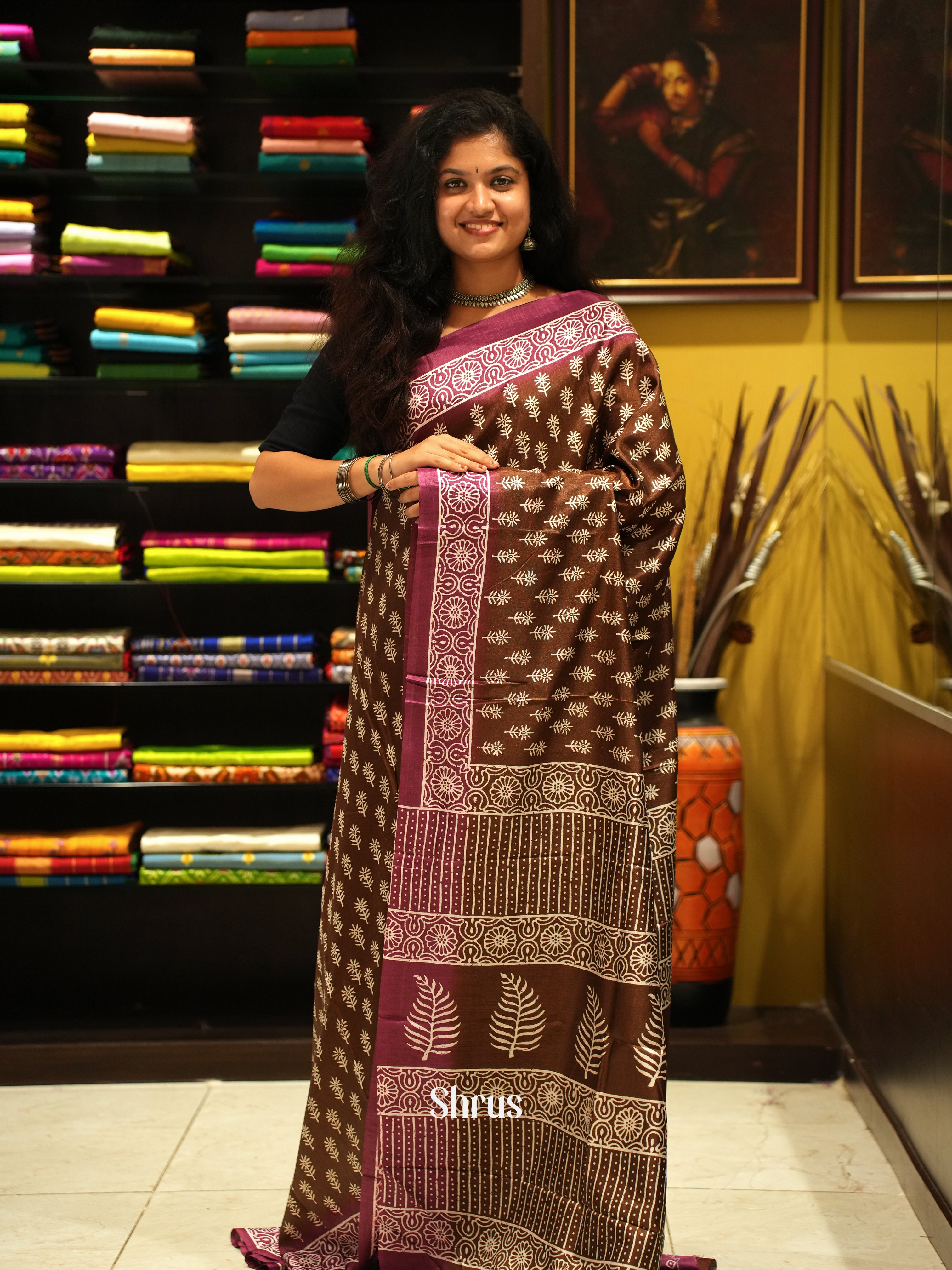 Brown & Wine - Semi crepe Saree