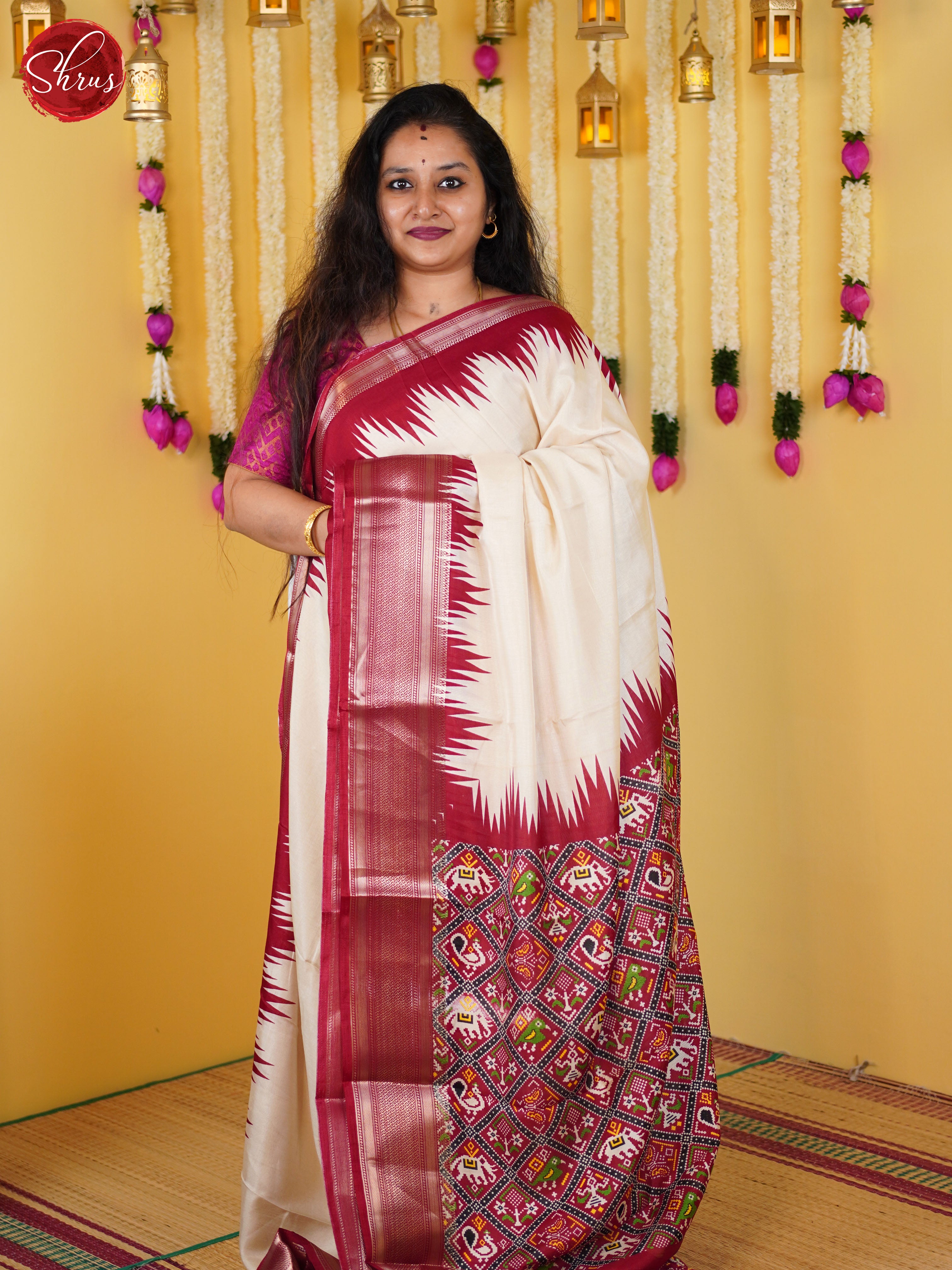 Cream & Red - Semi crepe Saree - Shop on ShrusEternity.com