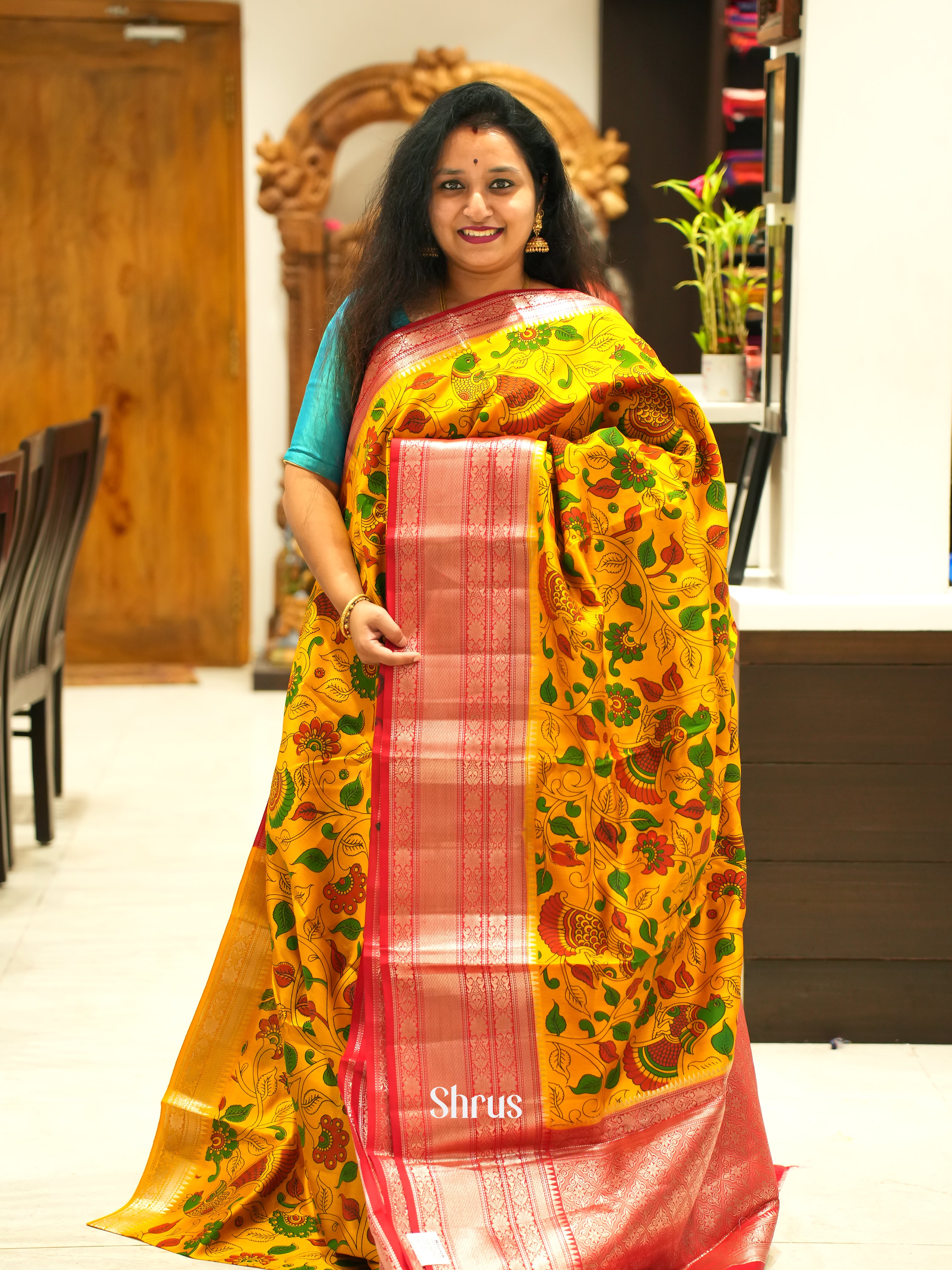 Mustard And Red- Tussar Saree - Shop on ShrusEternity.com