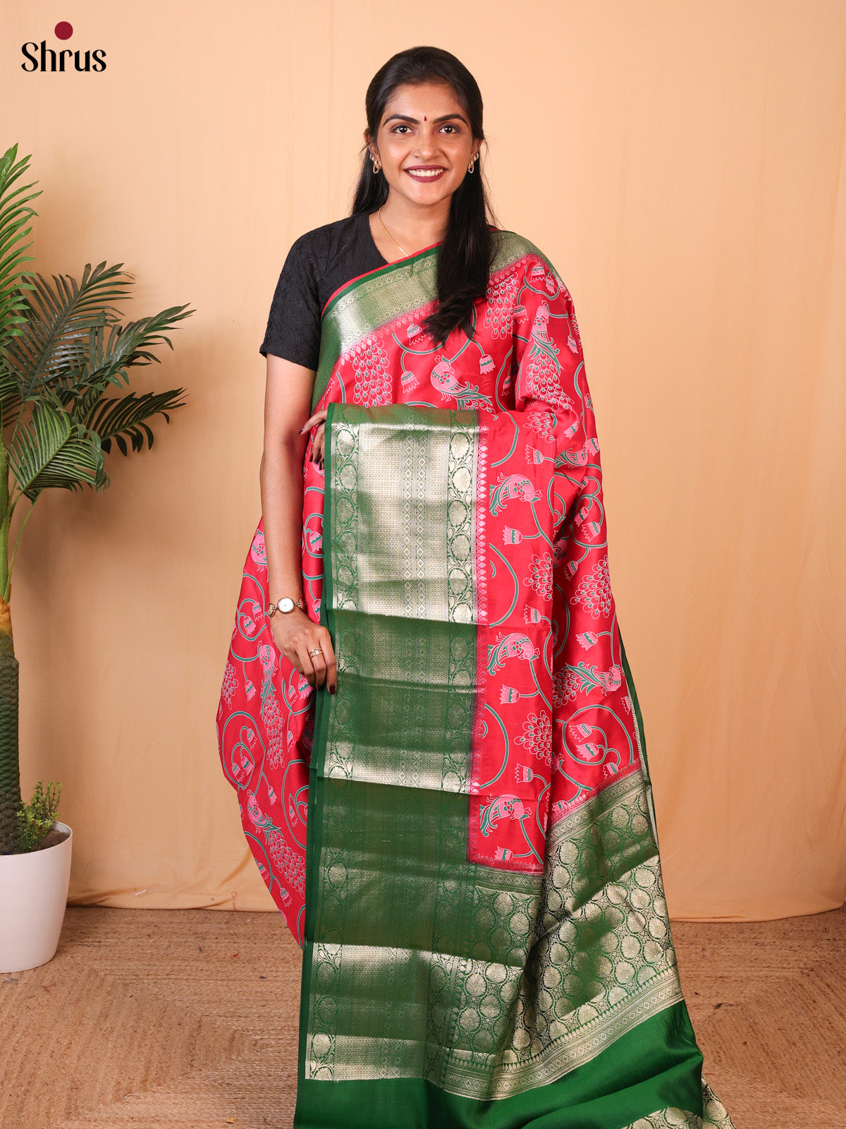 Red & Green  - Tussar Saree