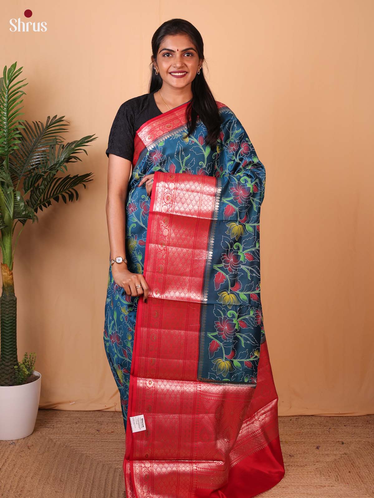 Blue & Red   - Tussar Saree