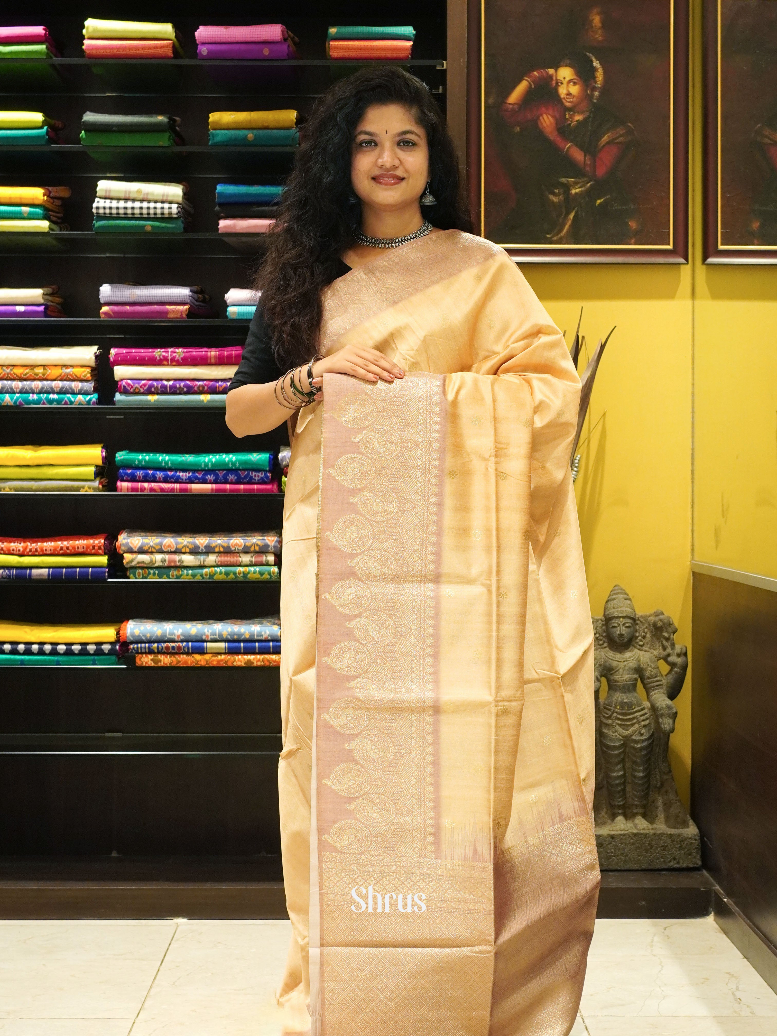 Beige and Onion pink - Semi Tussar Saree