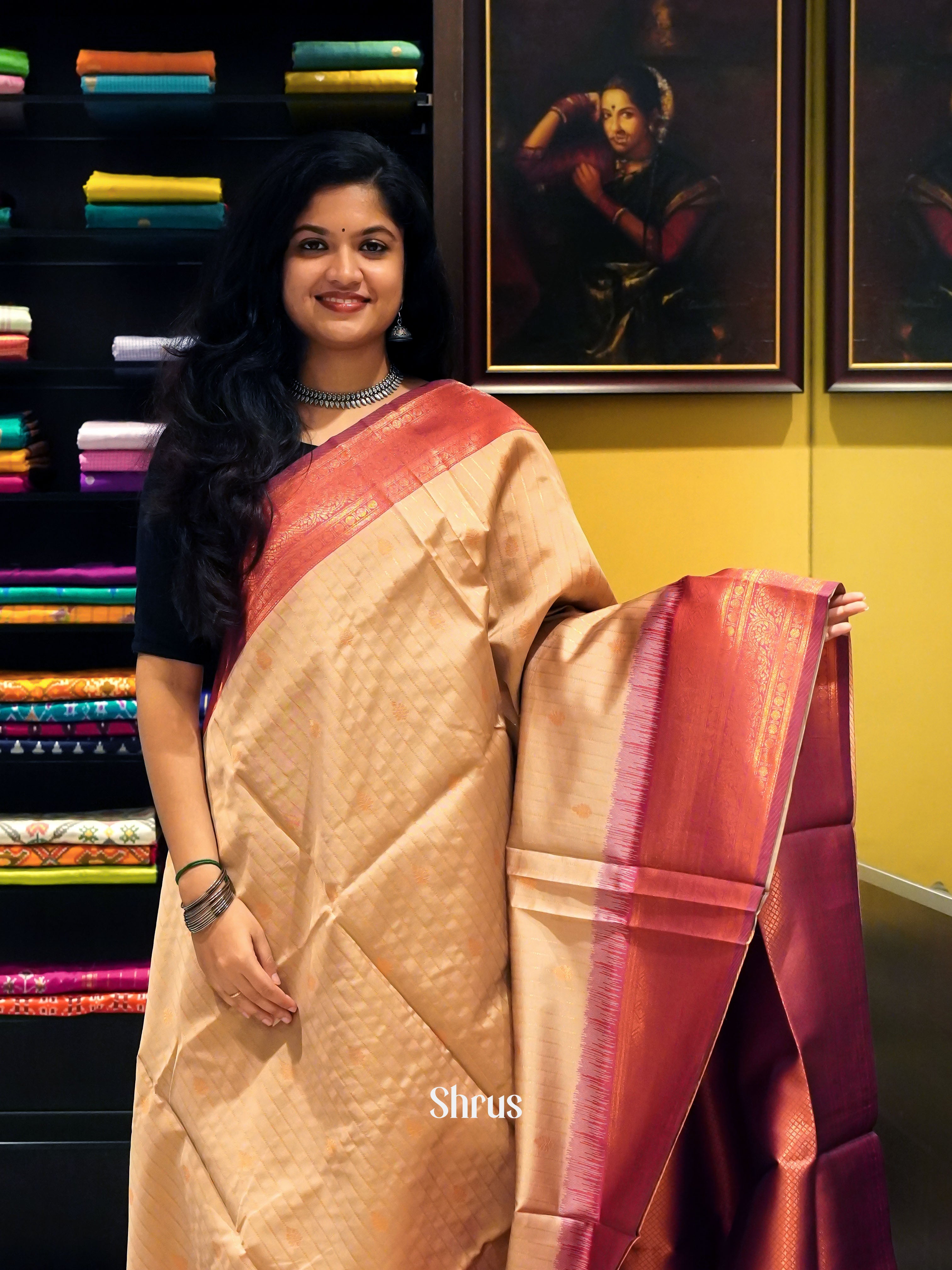 beige and Majenta - Semi Kanchipuram Saree