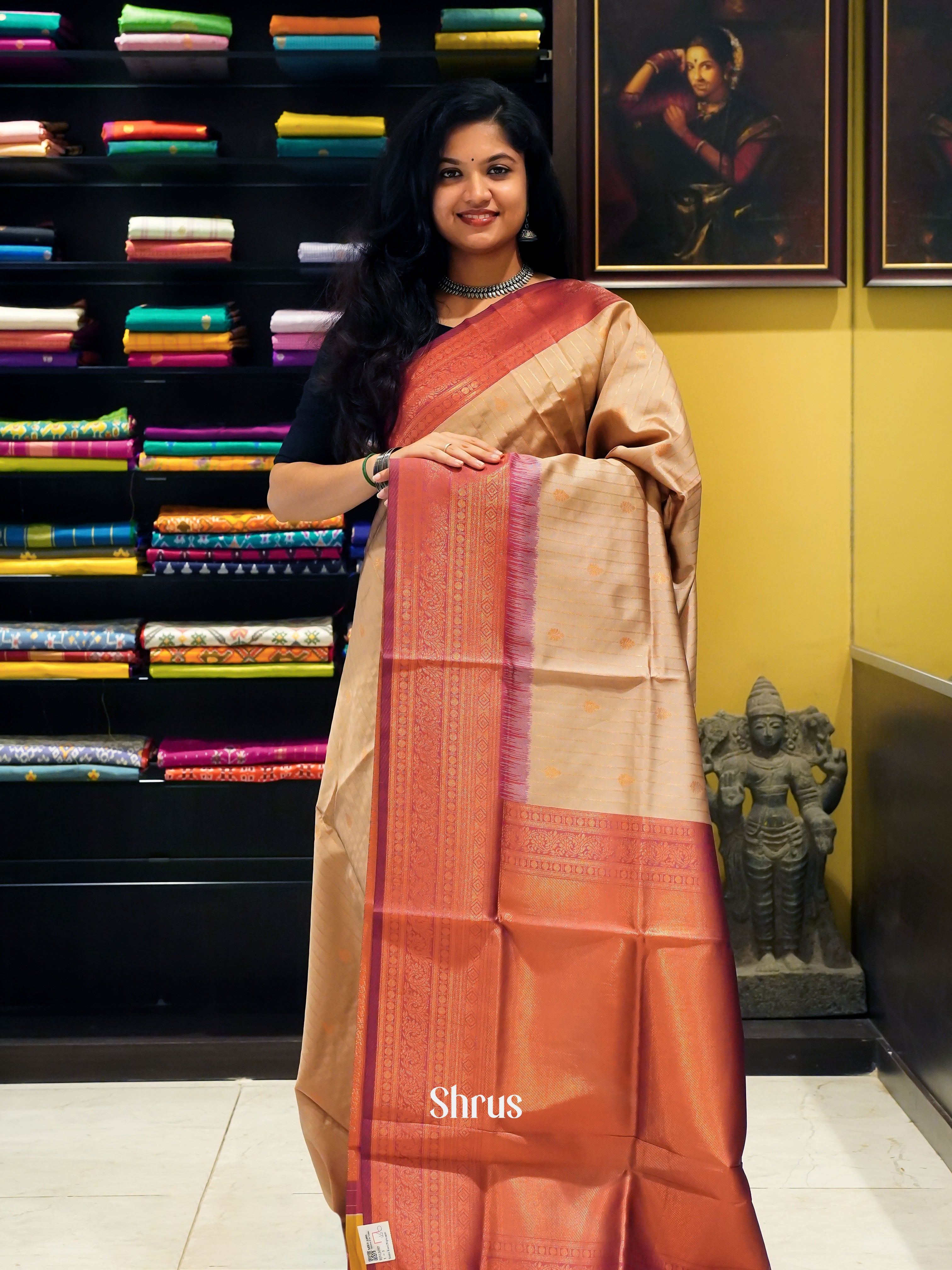 beige and Majenta - Semi Kanchipuram Saree