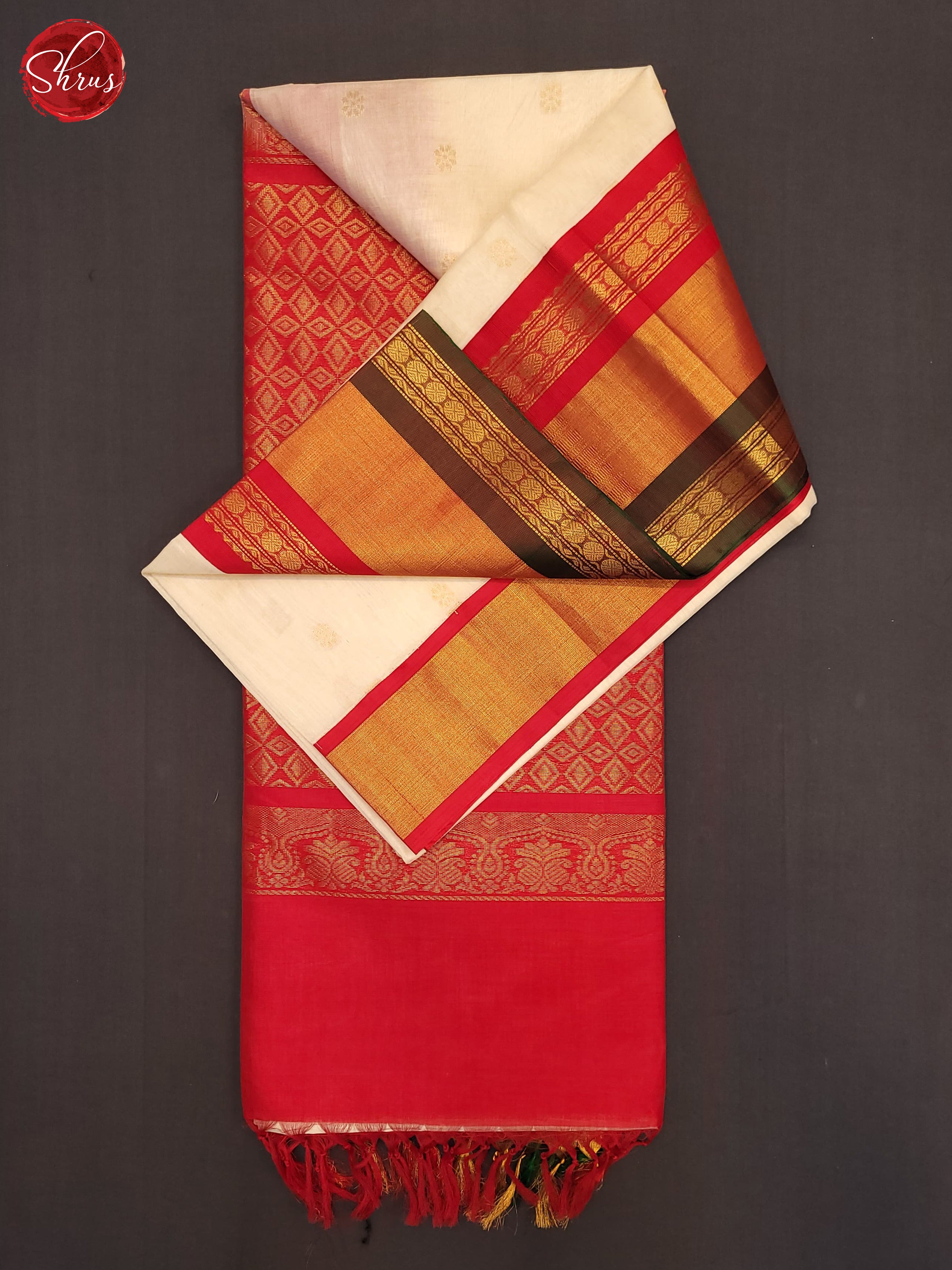 Cream & Red- Silk Cotton Saree - Shop on ShrusEternity.com