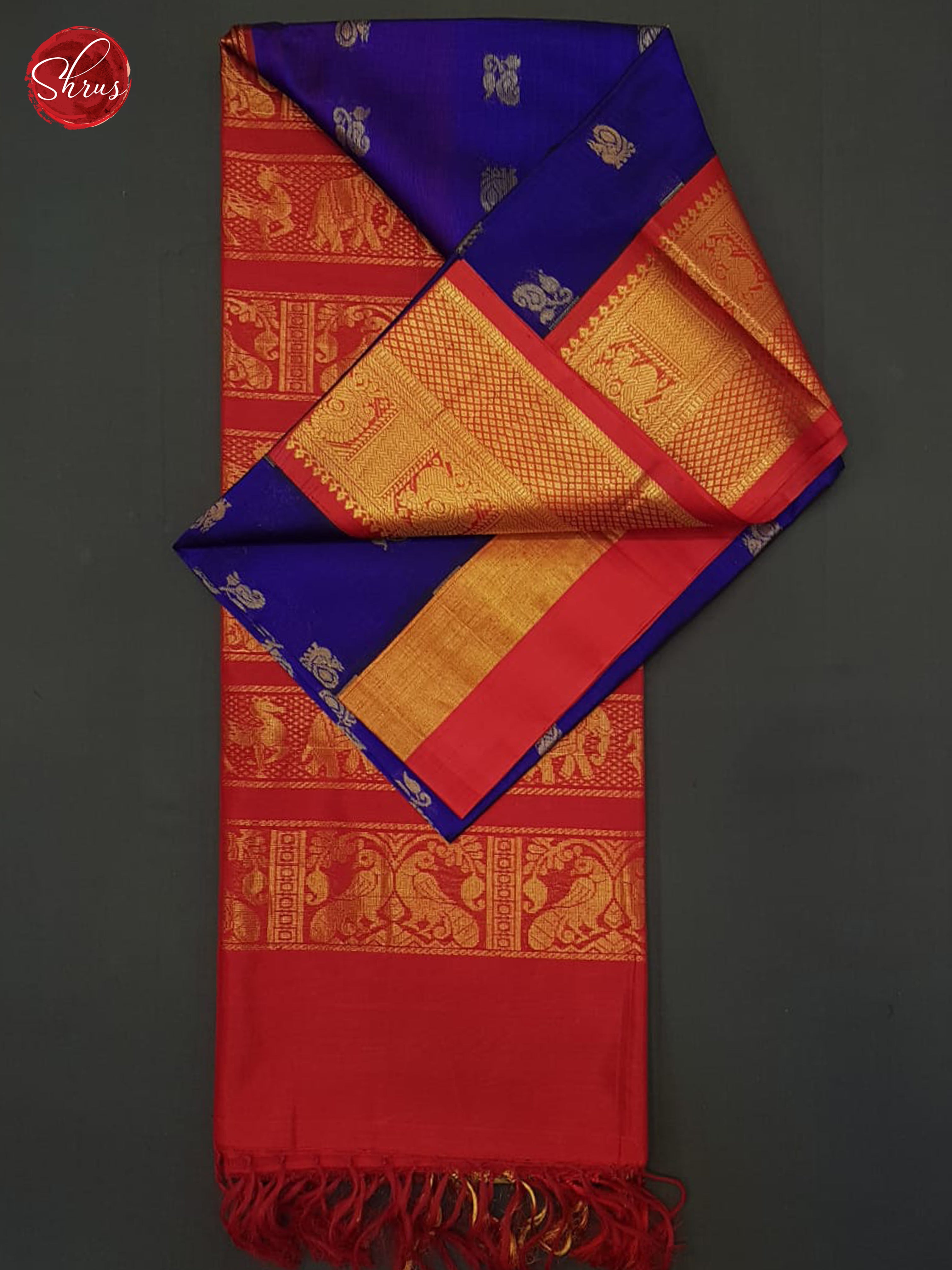 Blue And Red- Silk Cotton Saree - Shop on ShrusEternity.com