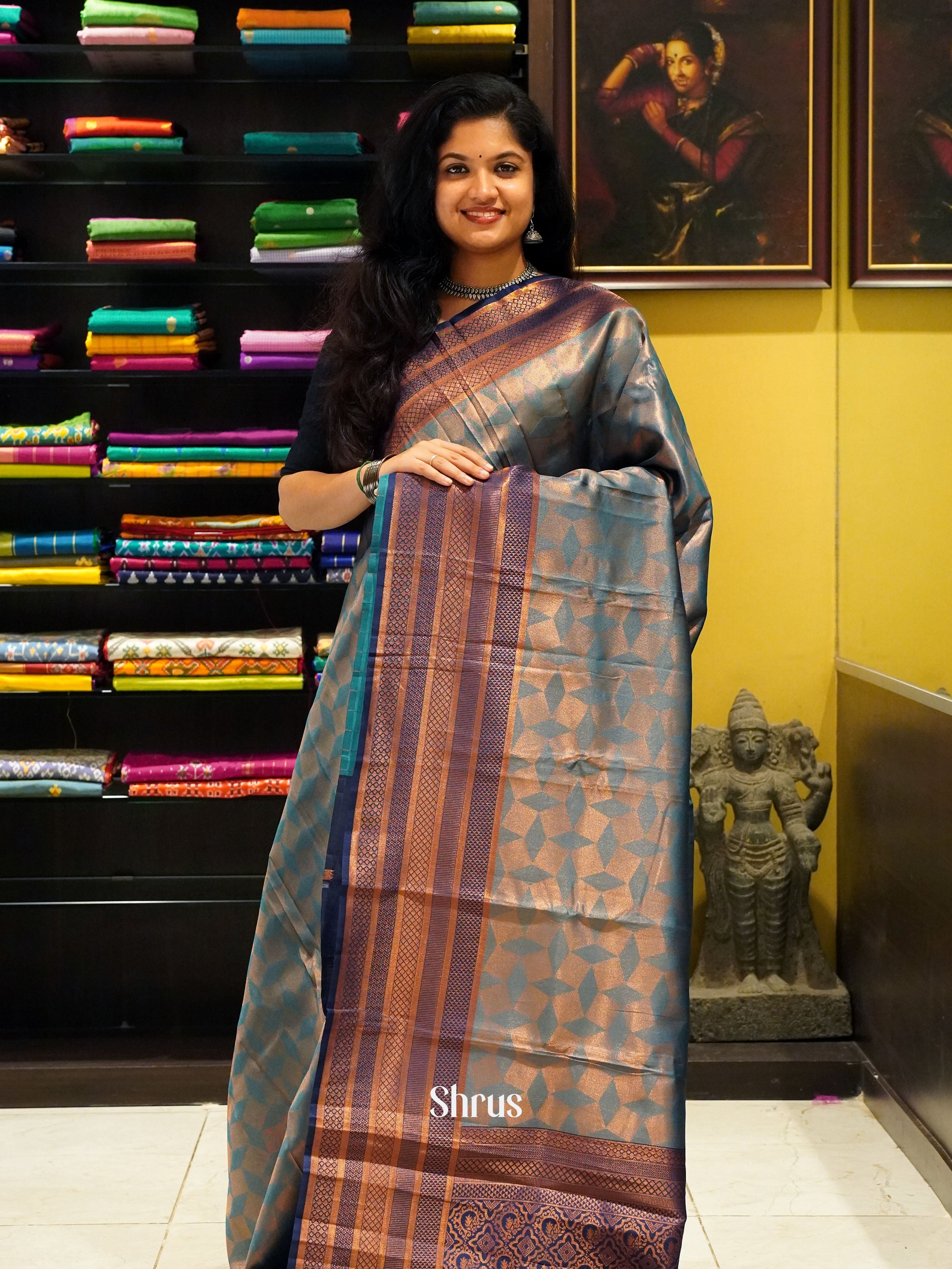 green and blue-  Semi Kanchipuram Saree